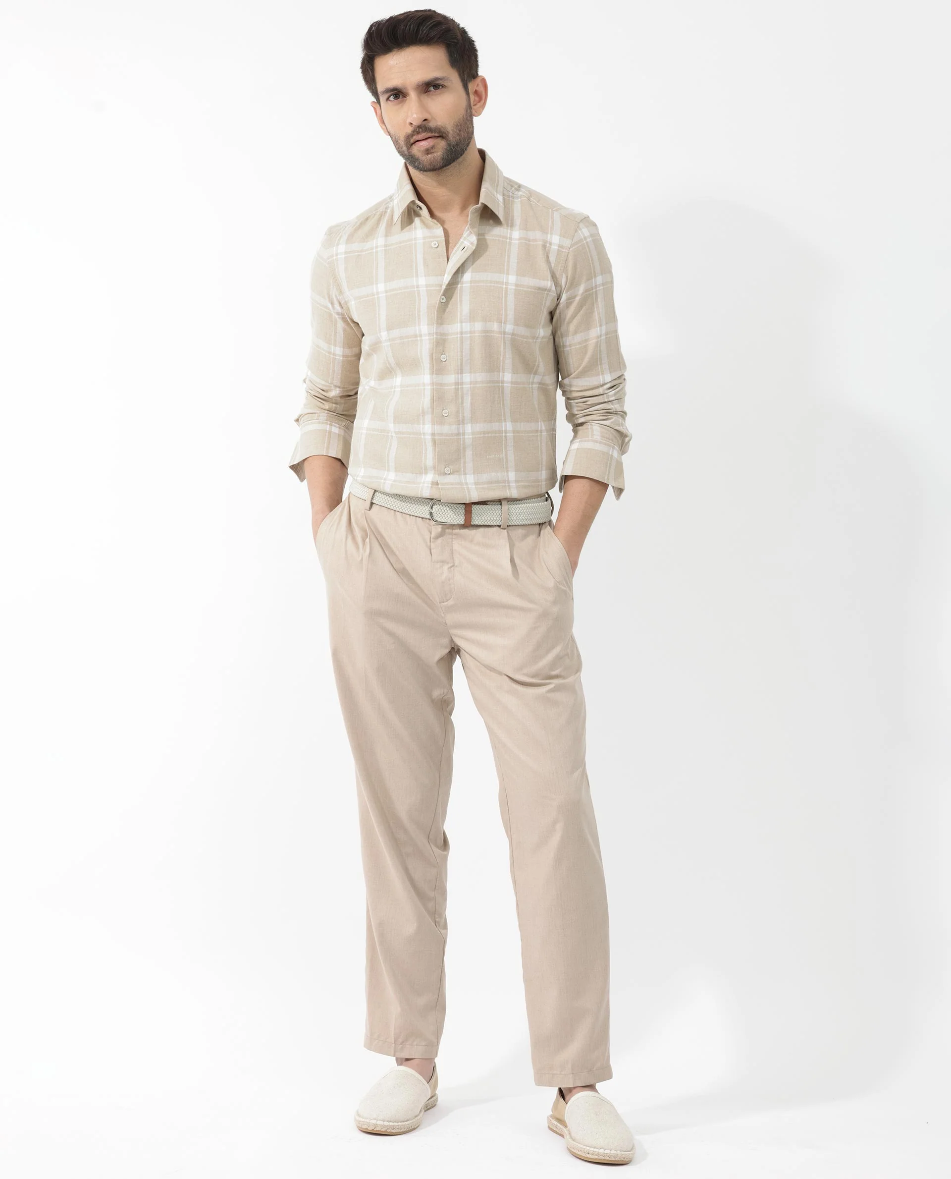 Rare Rabbit Men's Hase Beige Cotton Checked Print Regular Fit Full Sleeve Collared Shirt - Image 2