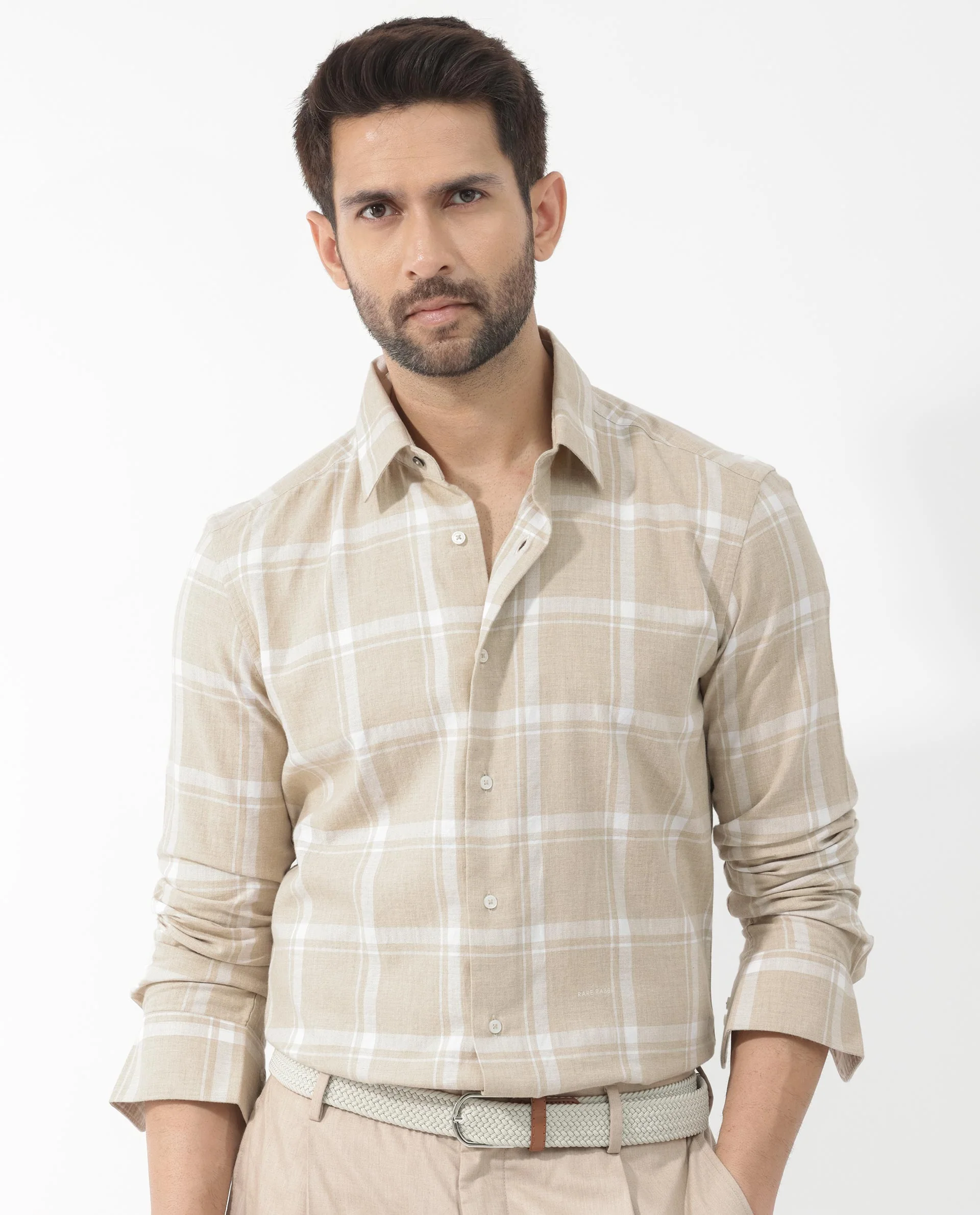 Rare Rabbit Men's Hase Beige Cotton Checked Print Regular Fit Full Sleeve Collared Shirt - Image 3