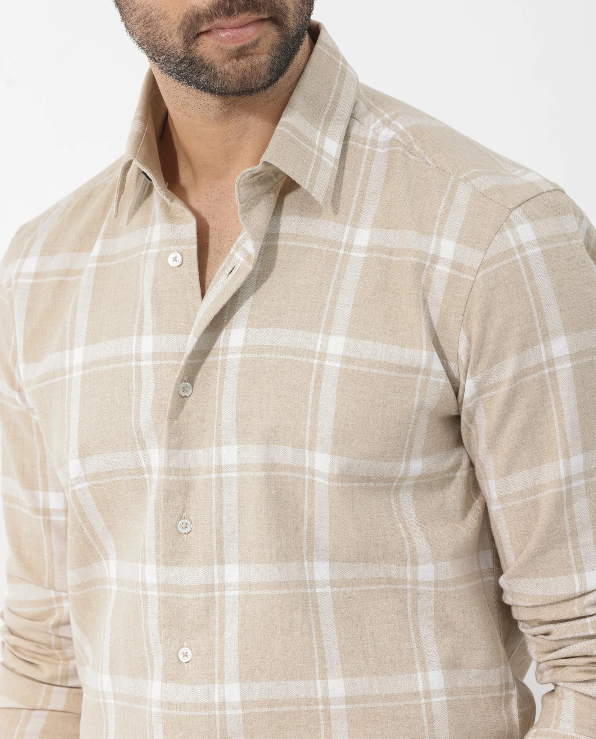 Rare Rabbit Men's Hase Beige Cotton Checked Print Regular Fit Full Sleeve Collared Shirt - Image 5