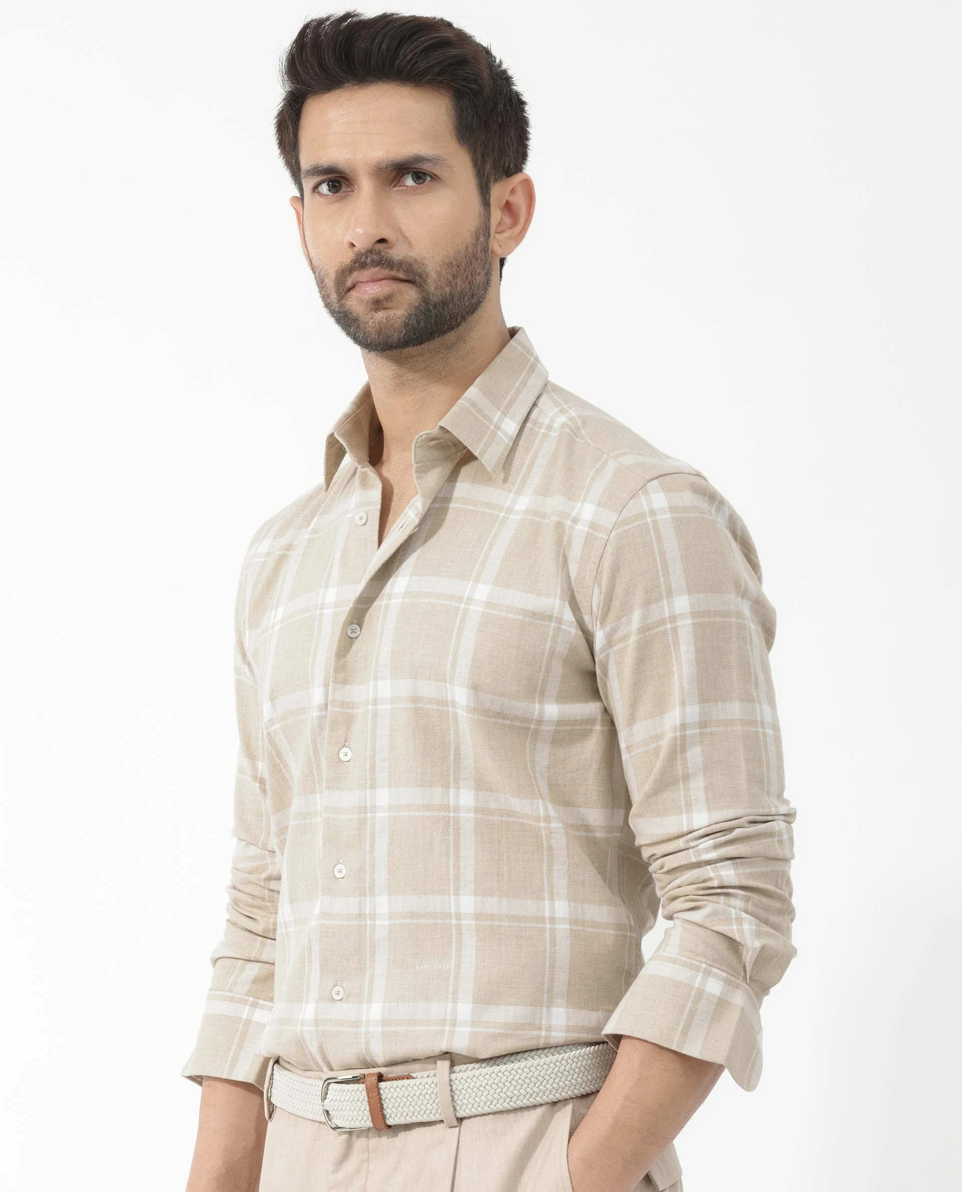 Rare Rabbit Men's Hase Beige Cotton Checked Print Regular Fit Full Sleeve Collared Shirt - Image 7