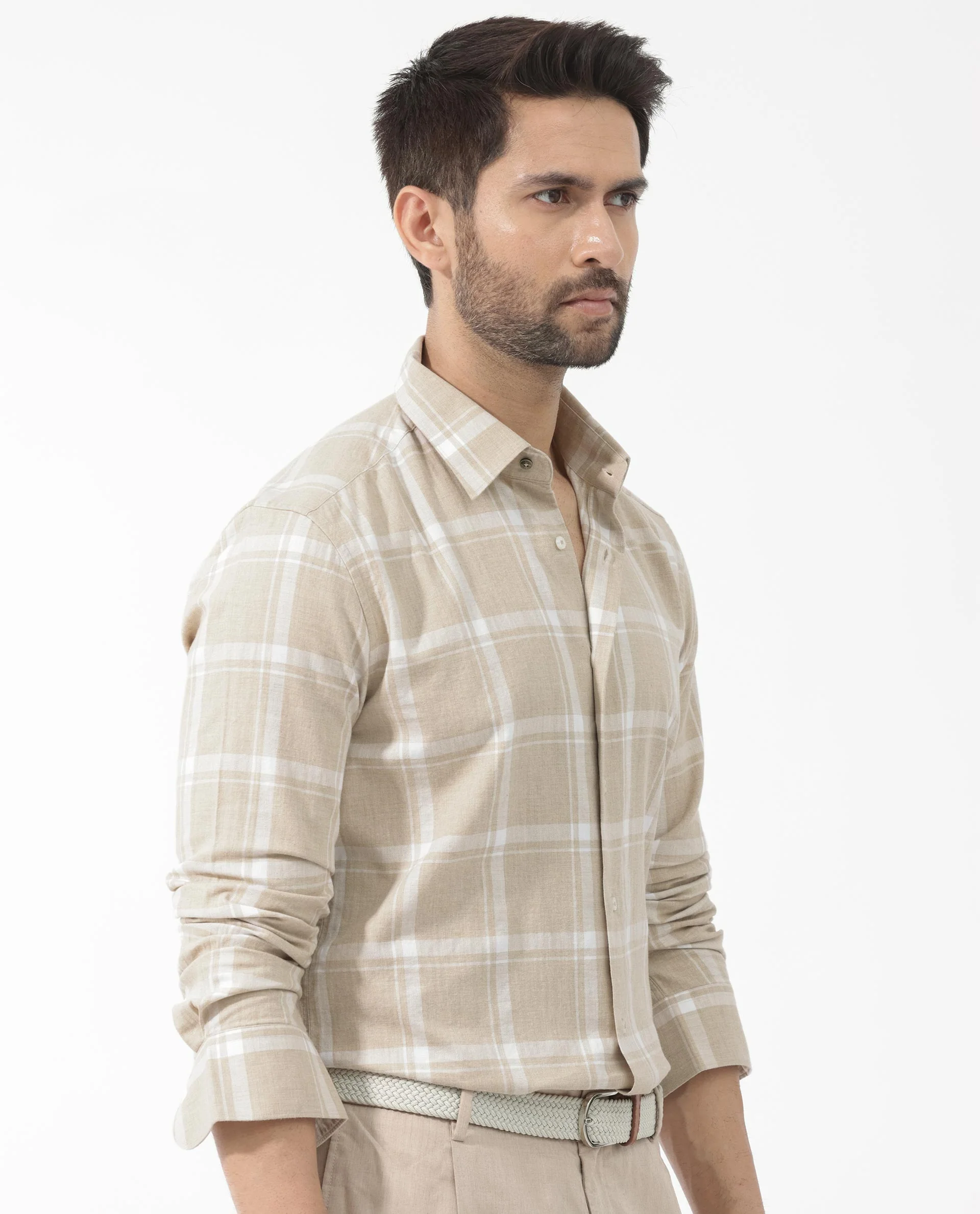 Rare Rabbit Men's Hase Beige Cotton Checked Print Regular Fit Full Sleeve Collared Shirt - Image 9