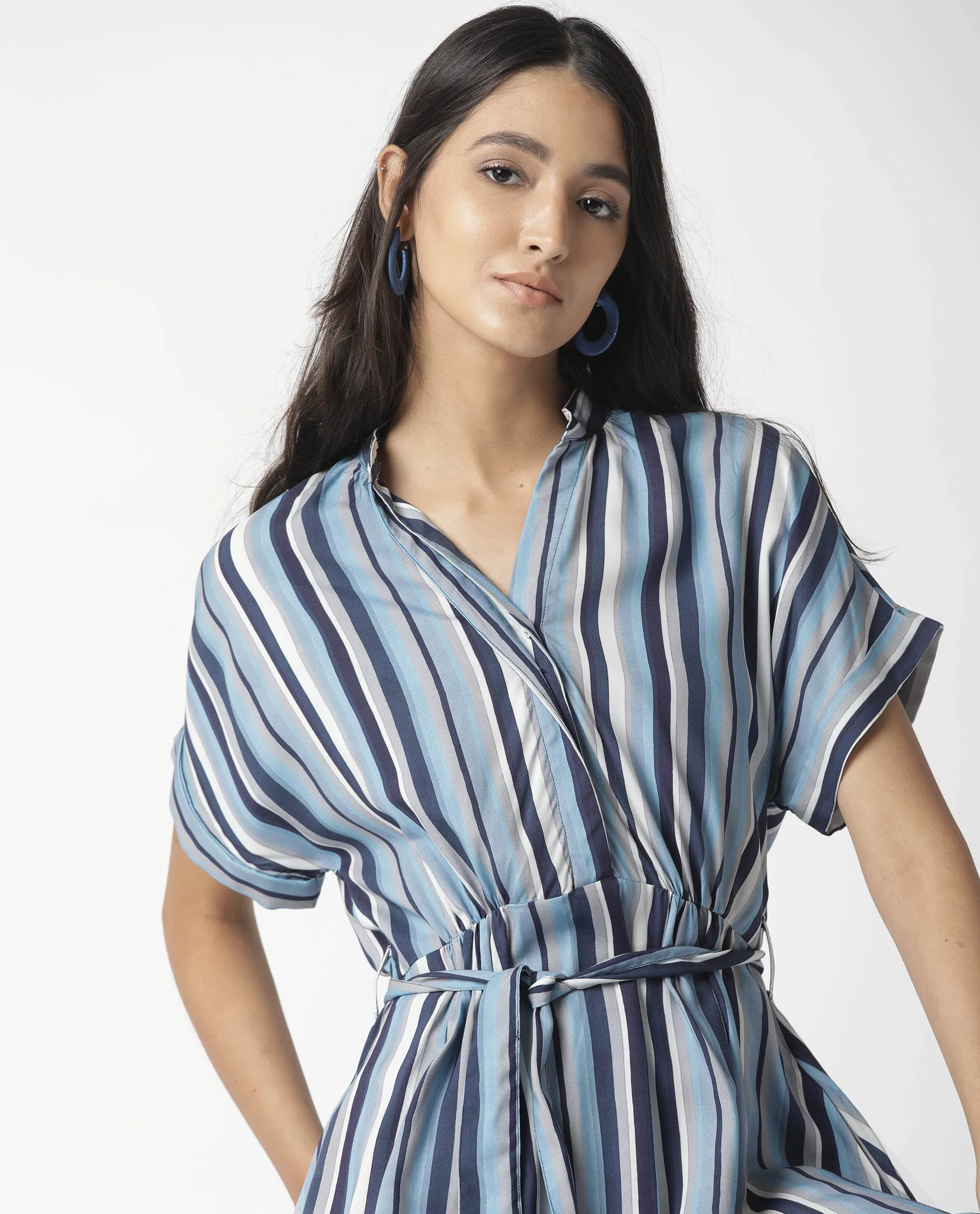 Rareism Womens Hash Blue Dress Viscose Fabric Relaxed Fit Regular Sleeves Mandarin Neck - Image 10