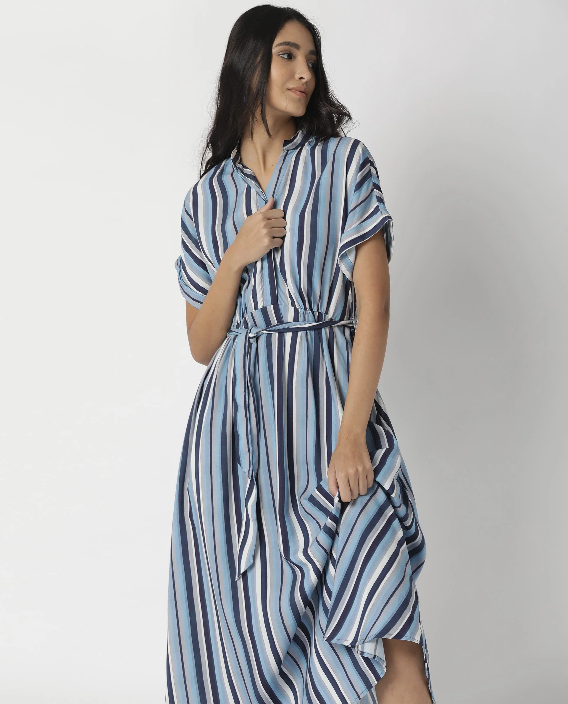 Rareism Womens Hash Blue Dress Viscose Fabric Relaxed Fit Regular Sleeves Mandarin Neck - Image 11