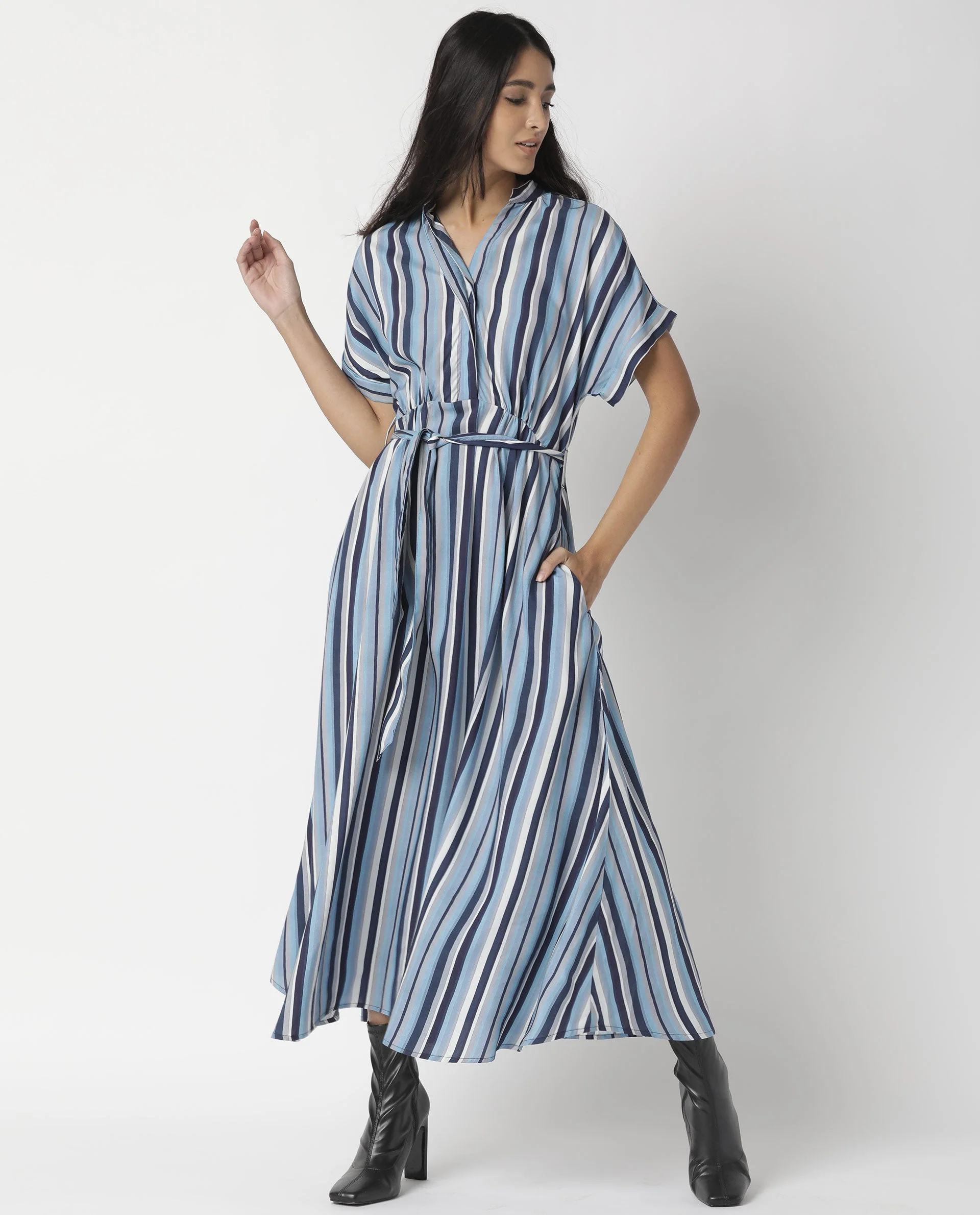 Rareism Womens Hash Blue Dress Viscose Fabric Relaxed Fit Regular Sleeves Mandarin Neck - Image 12