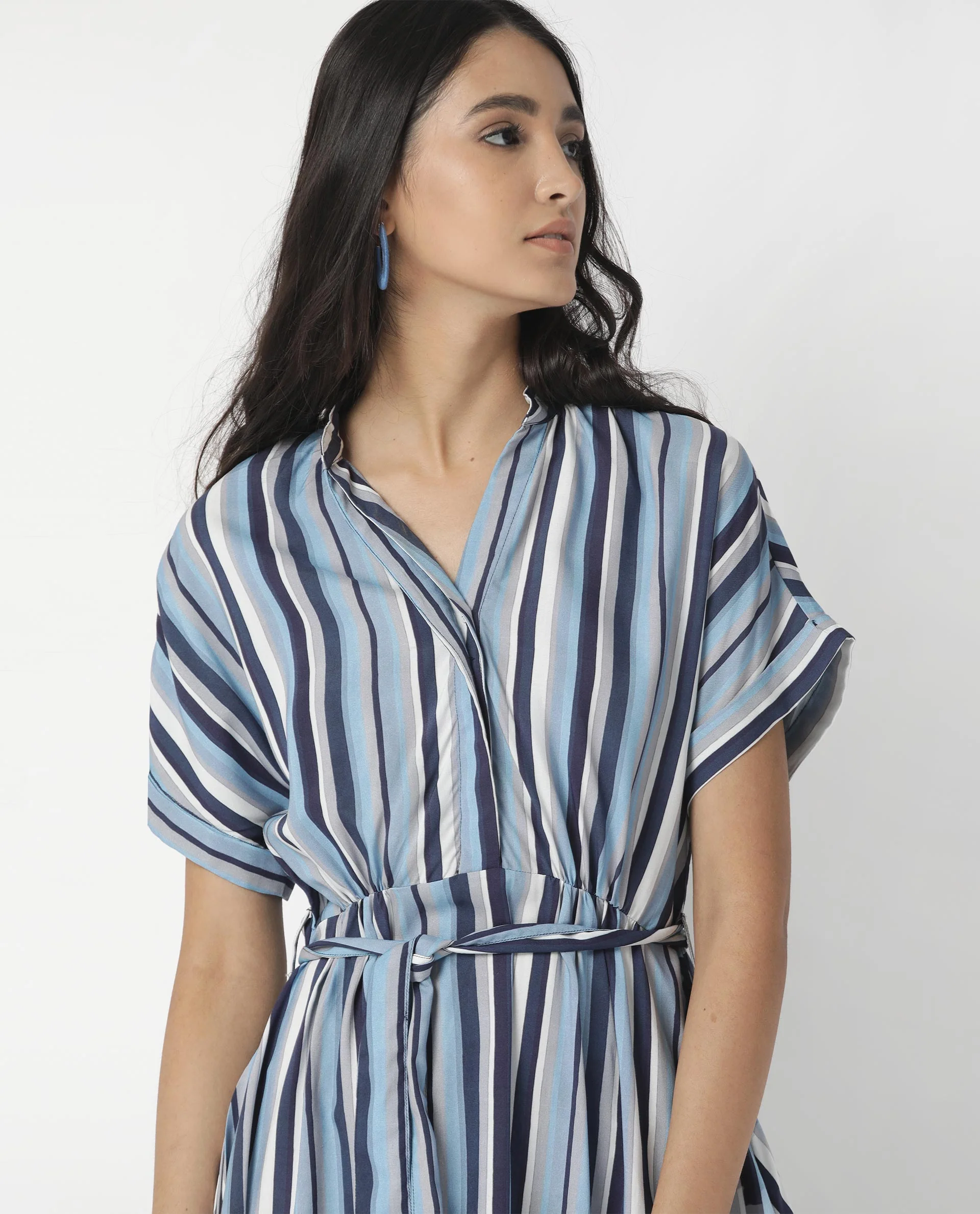 Rareism Womens Hash Blue Dress Viscose Fabric Relaxed Fit Regular Sleeves Mandarin Neck - Image 13