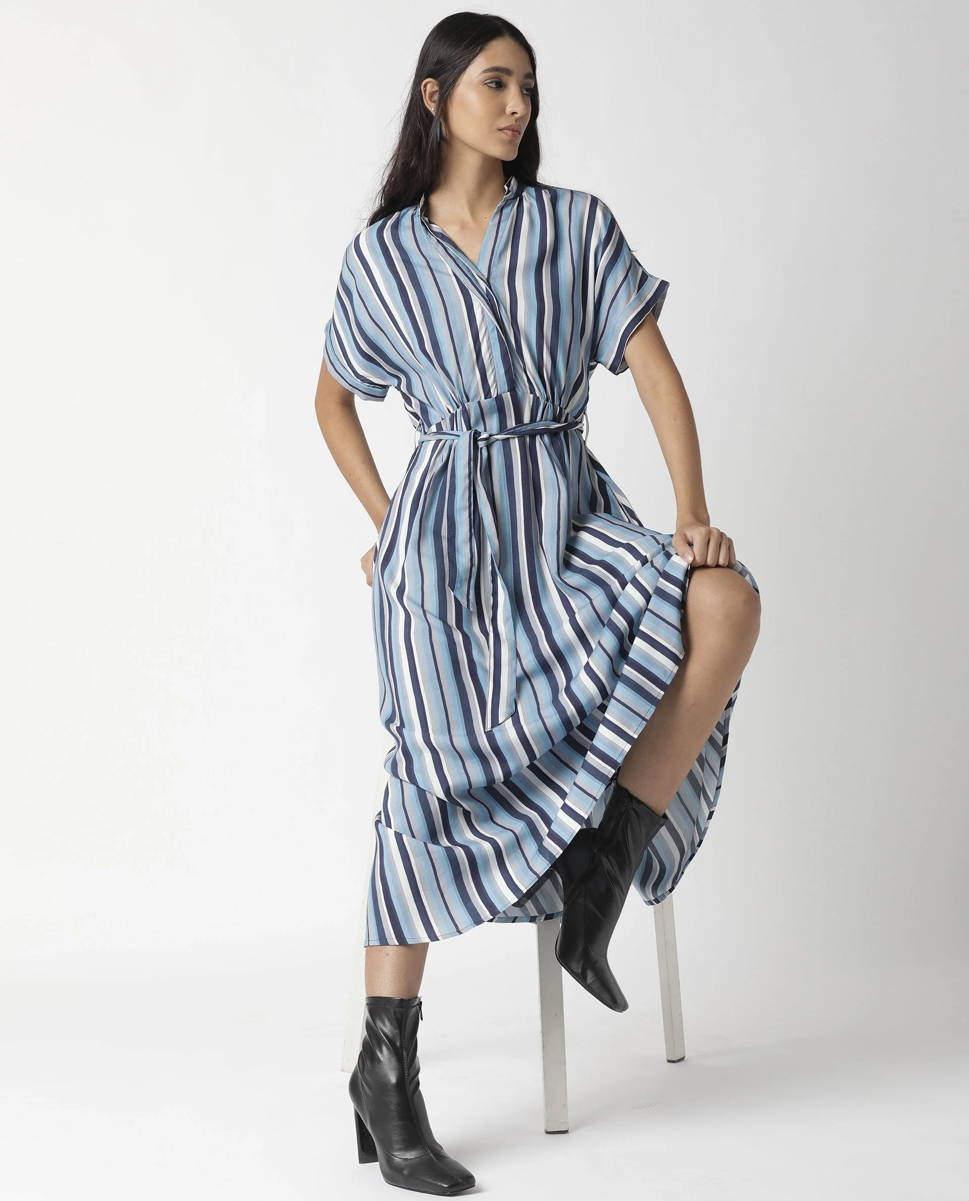 Rareism Womens Hash Blue Dress Viscose Fabric Relaxed Fit Regular Sleeves Mandarin Neck - Image 14