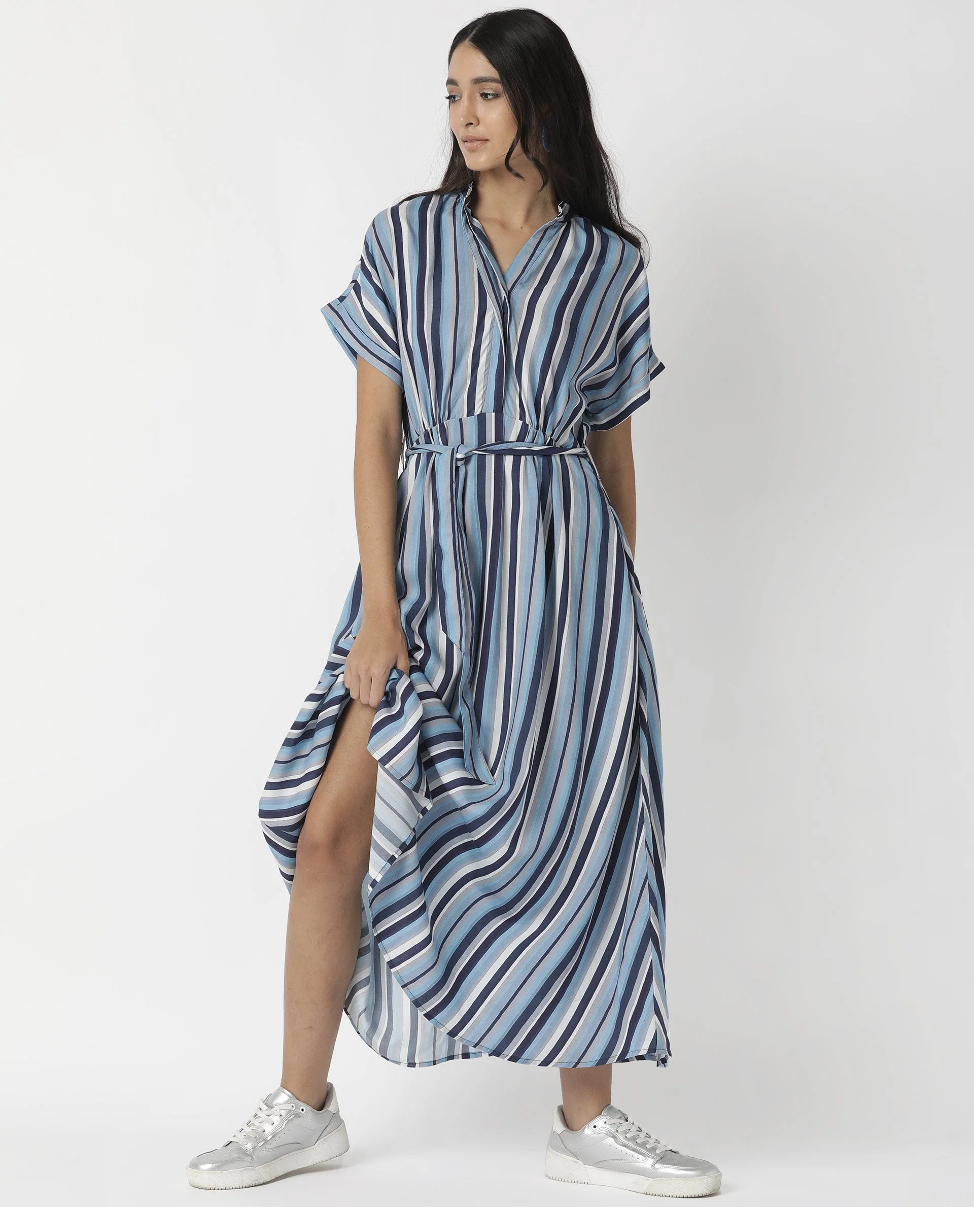 Rareism Womens Hash Blue Dress Viscose Fabric Relaxed Fit Regular Sleeves Mandarin Neck - Image 16