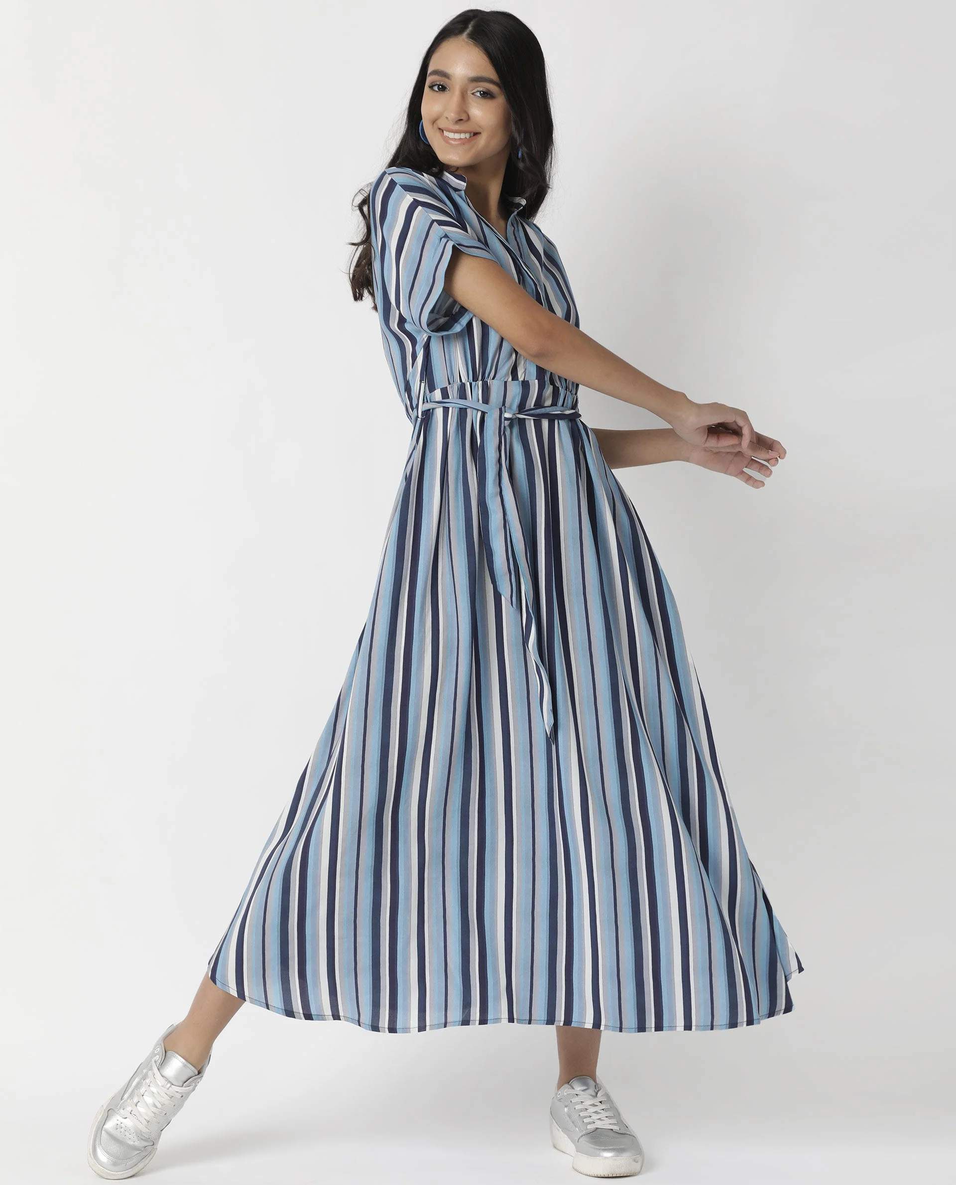 Rareism Womens Hash Blue Dress Viscose Fabric Relaxed Fit Regular Sleeves Mandarin Neck - Image 2