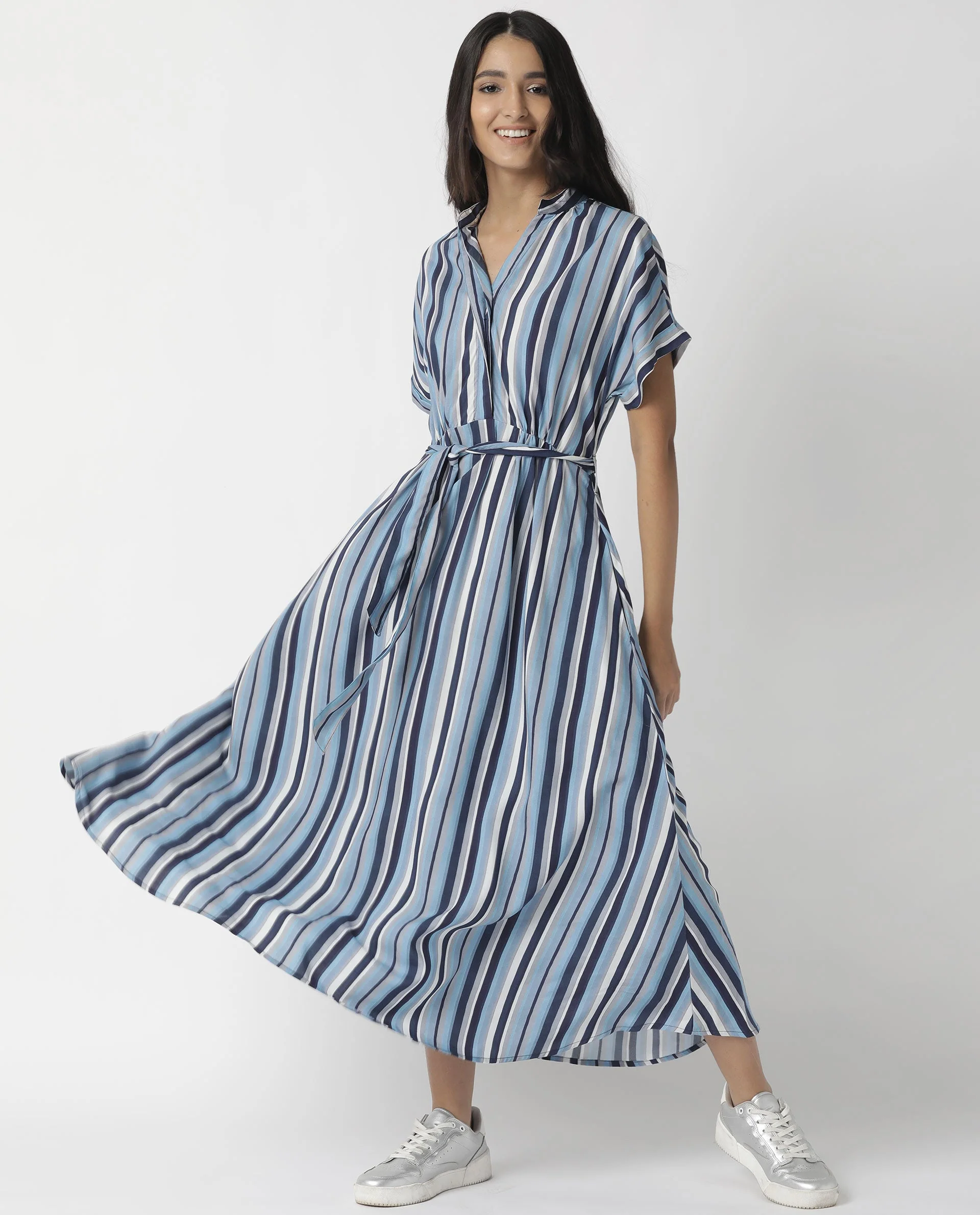 Rareism Womens Hash Blue Dress Viscose Fabric Relaxed Fit Regular Sleeves Mandarin Neck - Image 3