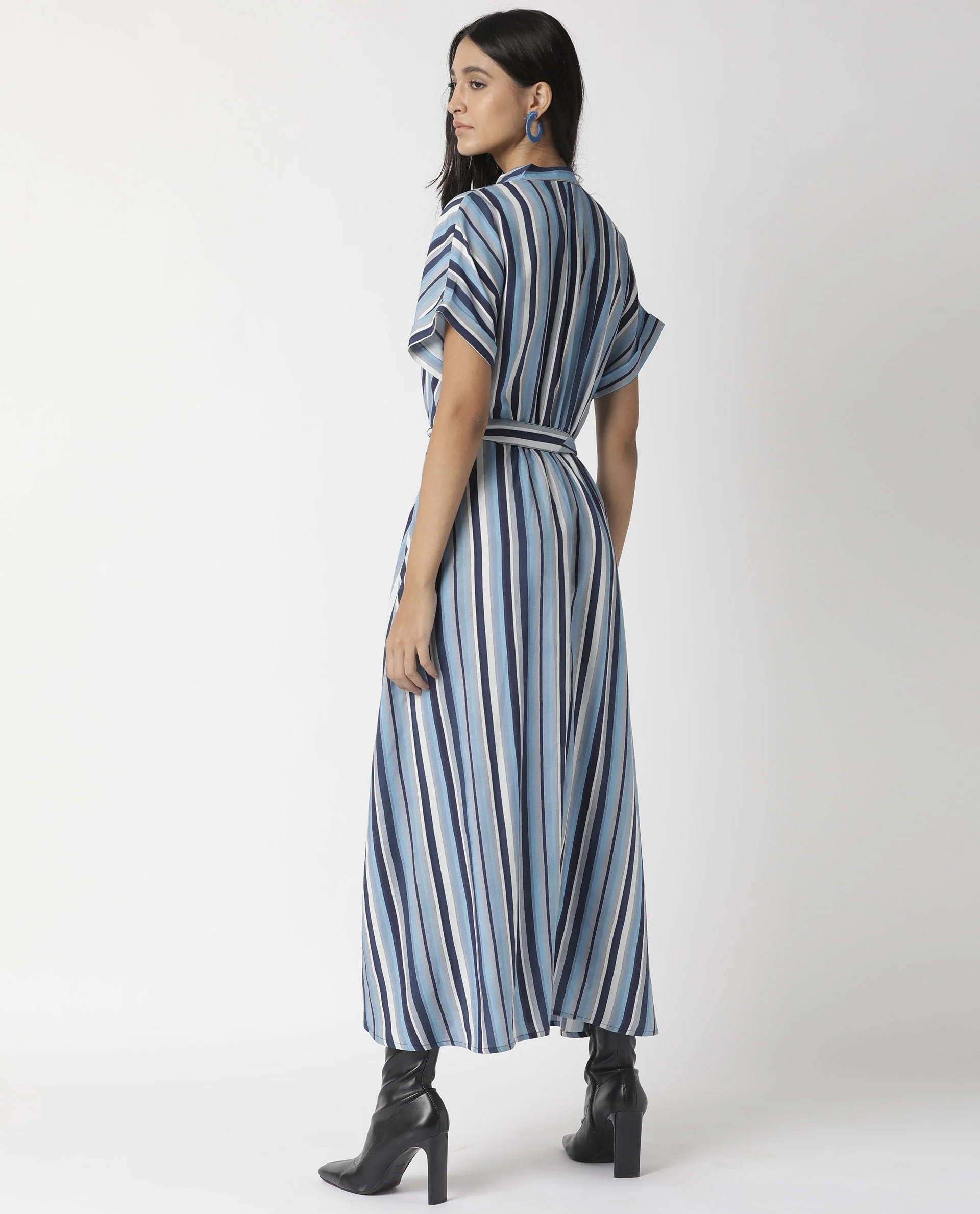 Rareism Womens Hash Blue Dress Viscose Fabric Relaxed Fit Regular Sleeves Mandarin Neck - Image 4