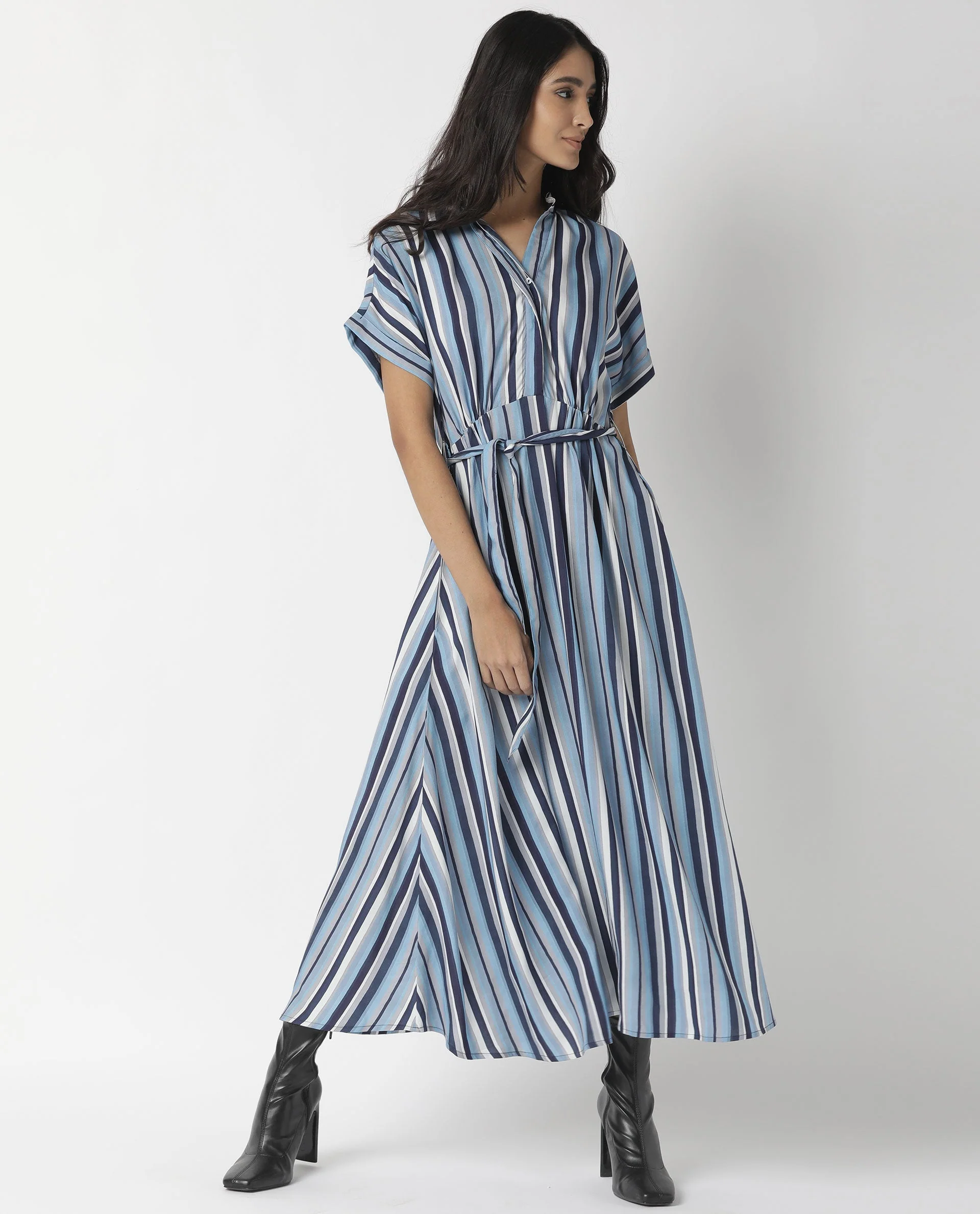 Rareism Womens Hash Blue Dress Viscose Fabric Relaxed Fit Regular Sleeves Mandarin Neck - Image 6