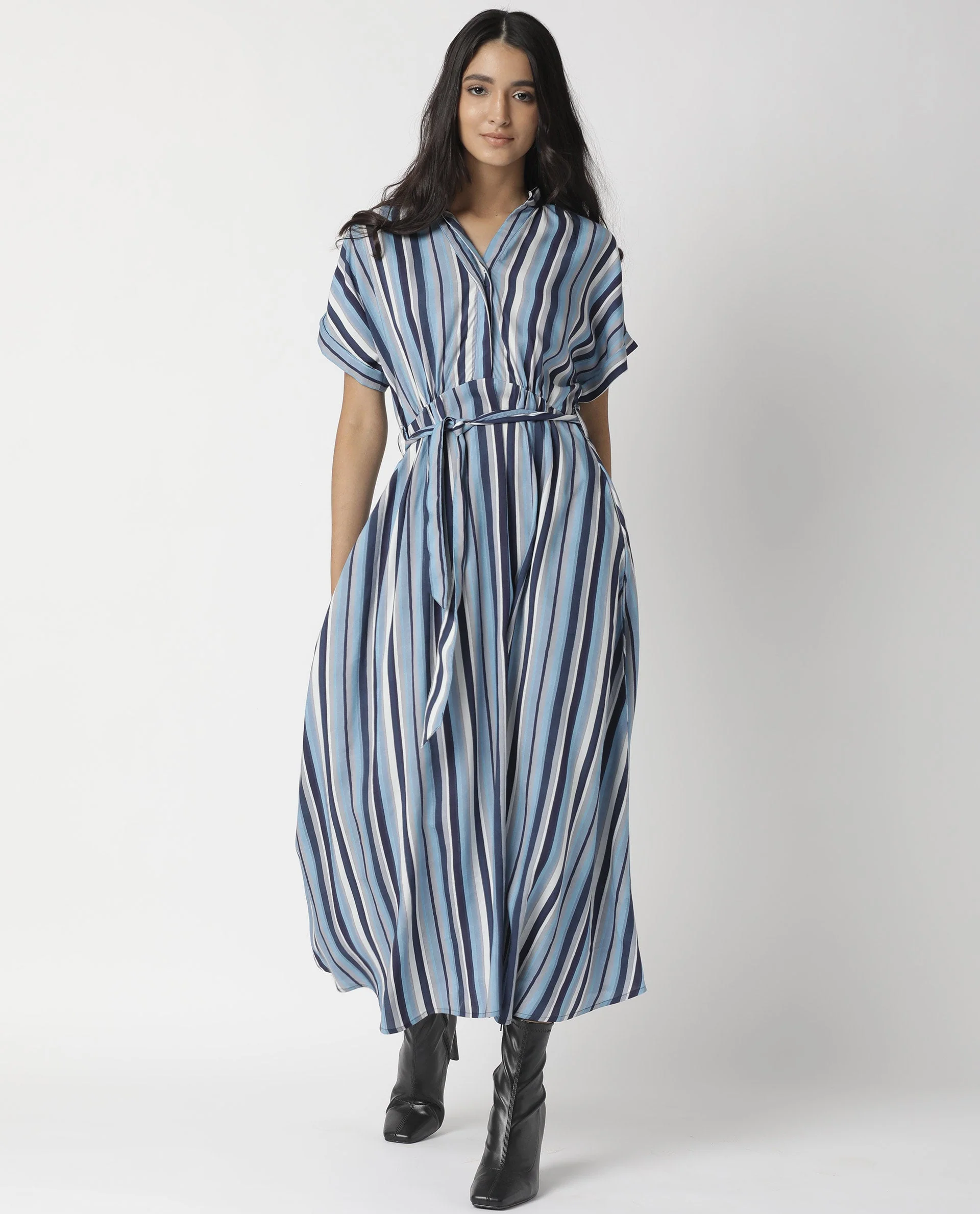 Rareism Womens Hash Blue Dress Viscose Fabric Relaxed Fit Regular Sleeves Mandarin Neck - Image 7