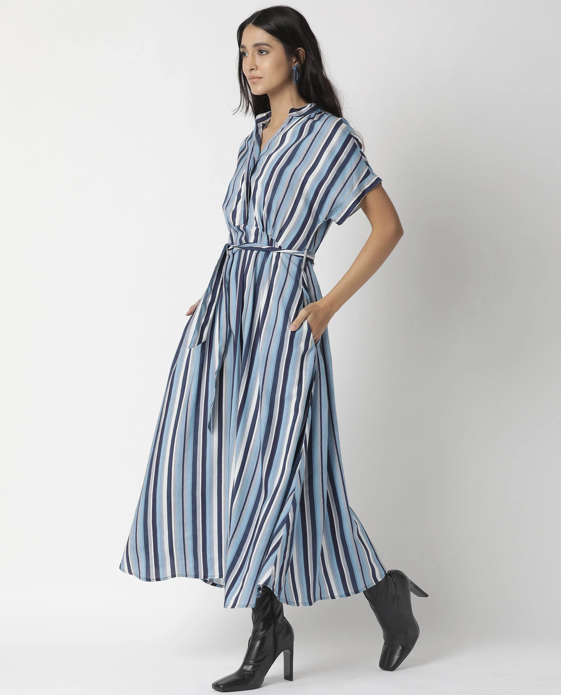 Rareism Womens Hash Blue Dress Viscose Fabric Relaxed Fit Regular Sleeves Mandarin Neck - Image 8