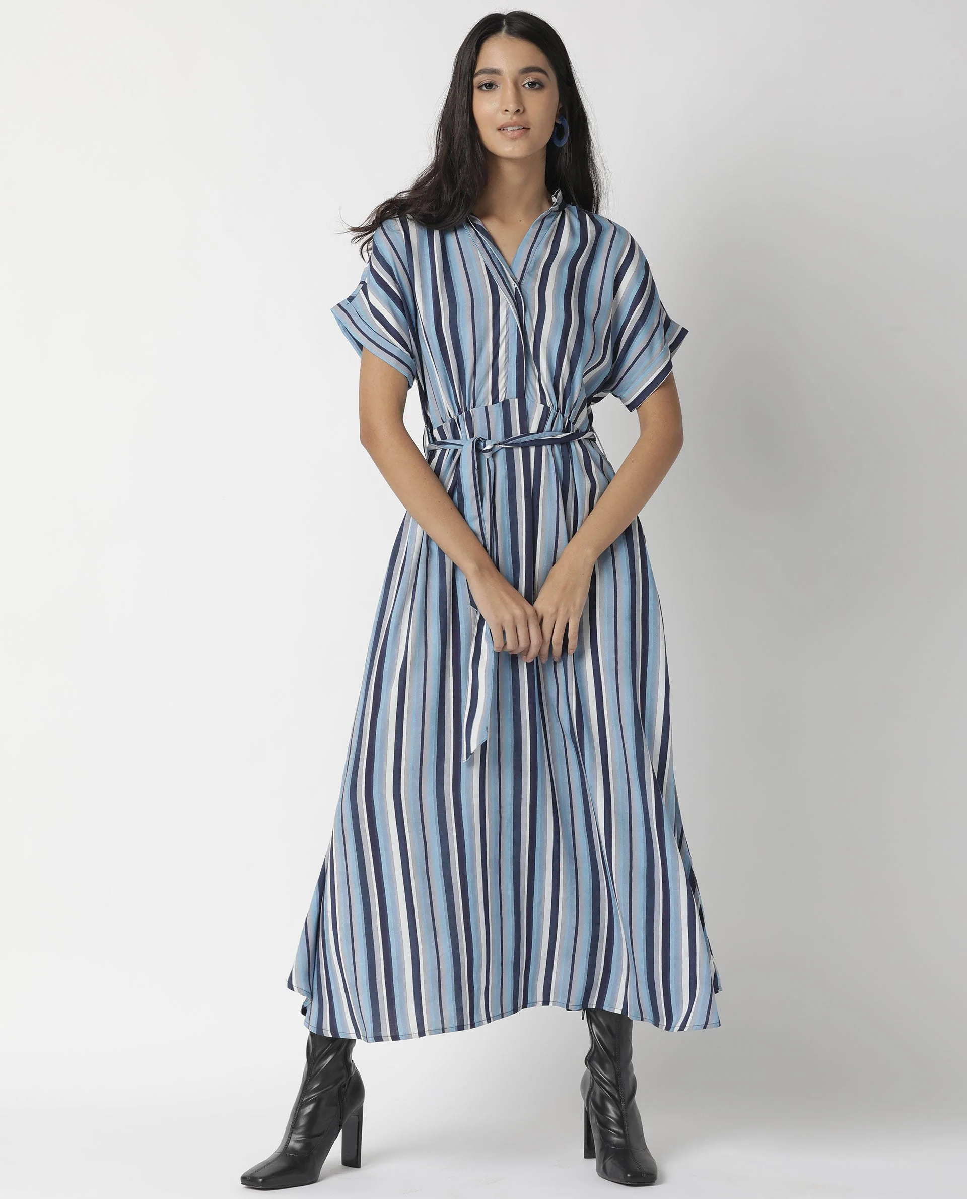 Rareism Womens Hash Blue Dress Viscose Fabric Relaxed Fit Regular Sleeves Mandarin Neck - Image 9
