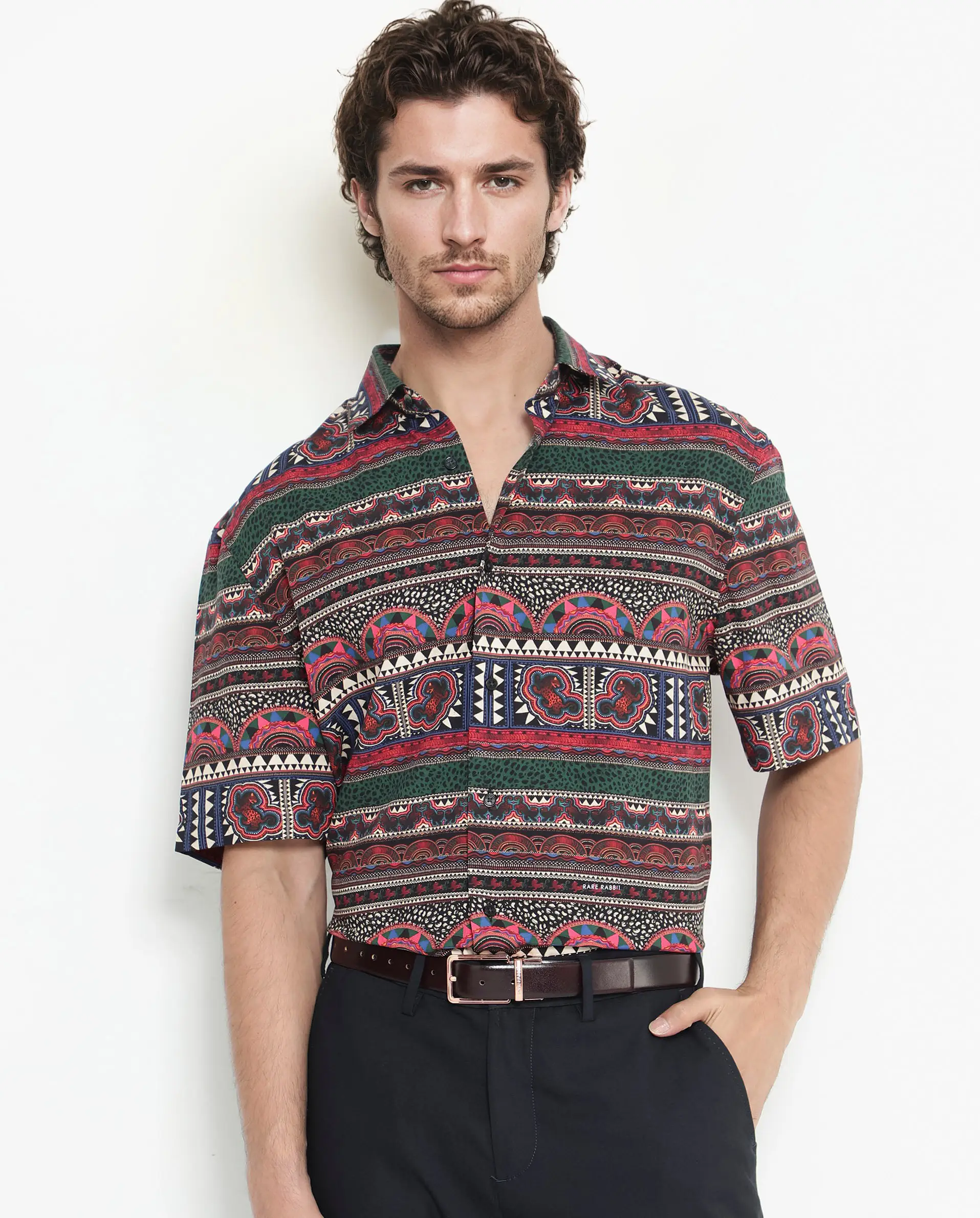 Rare Rabbit Men's Hatham Ss Black Viscose Abstract Print Boxy Fit Half Sleeve Spread Collar Shirt