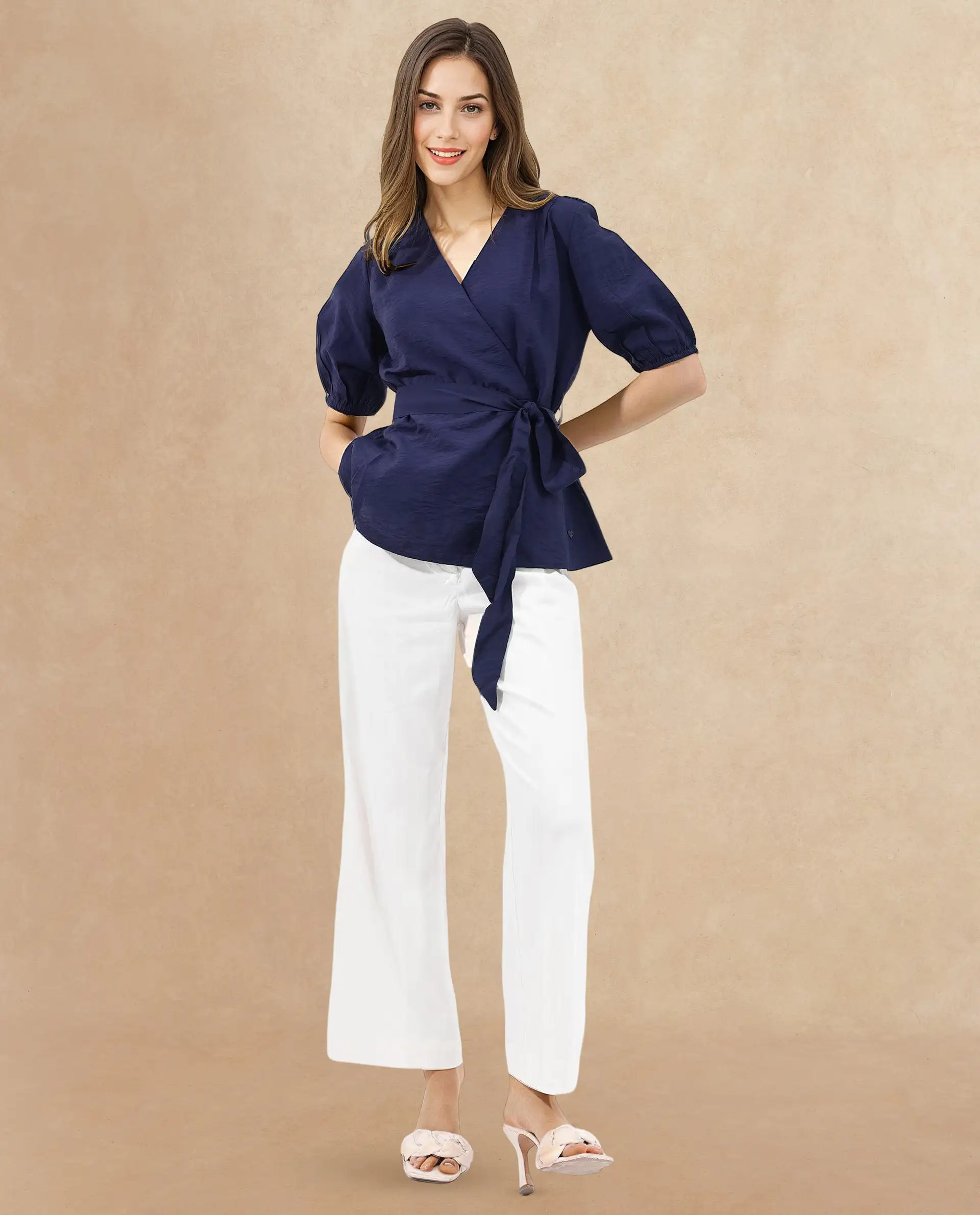 Rareism Women's Hatten Navy Rayon Overlap Neck Plain Puff Sleeves Regular Fit Top - Image 5