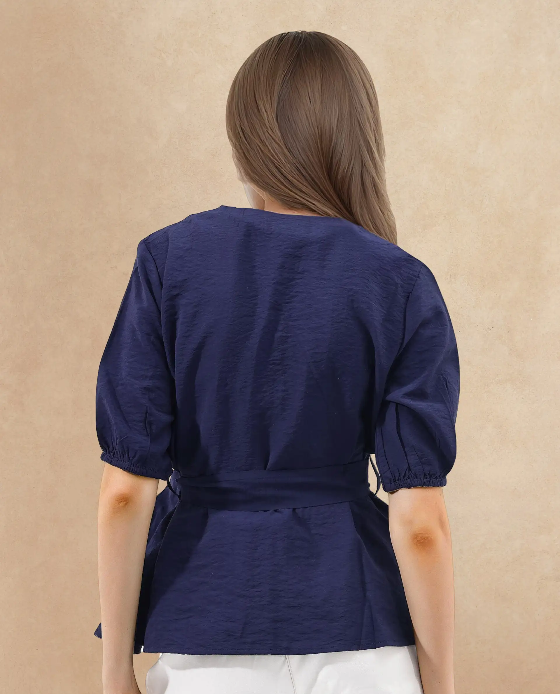 Rareism Women's Hatten Navy Rayon Overlap Neck Plain Puff Sleeves Regular Fit Top - Image 6