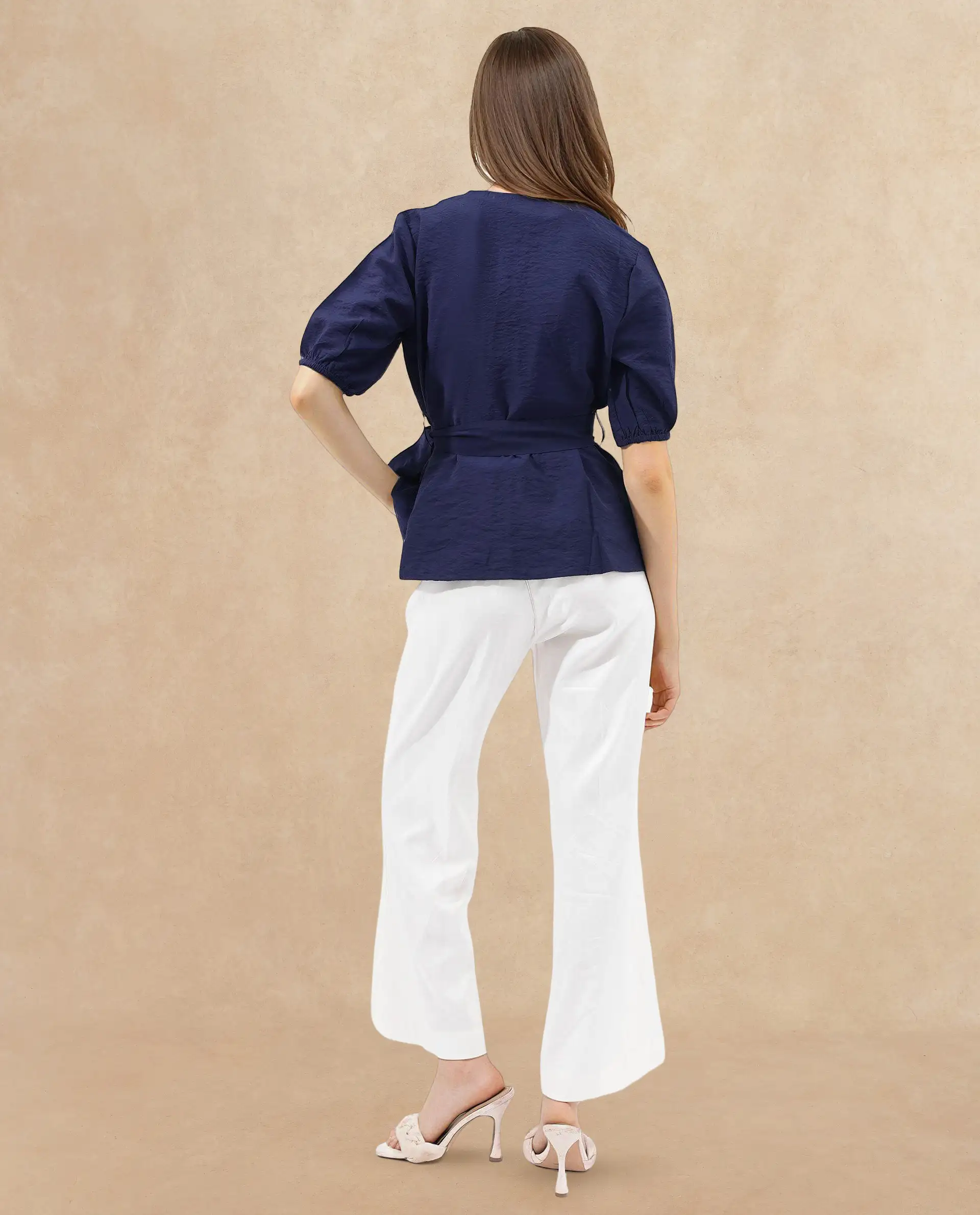 Rareism Women's Hatten Navy Rayon Overlap Neck Plain Puff Sleeves Regular Fit Top - Image 7