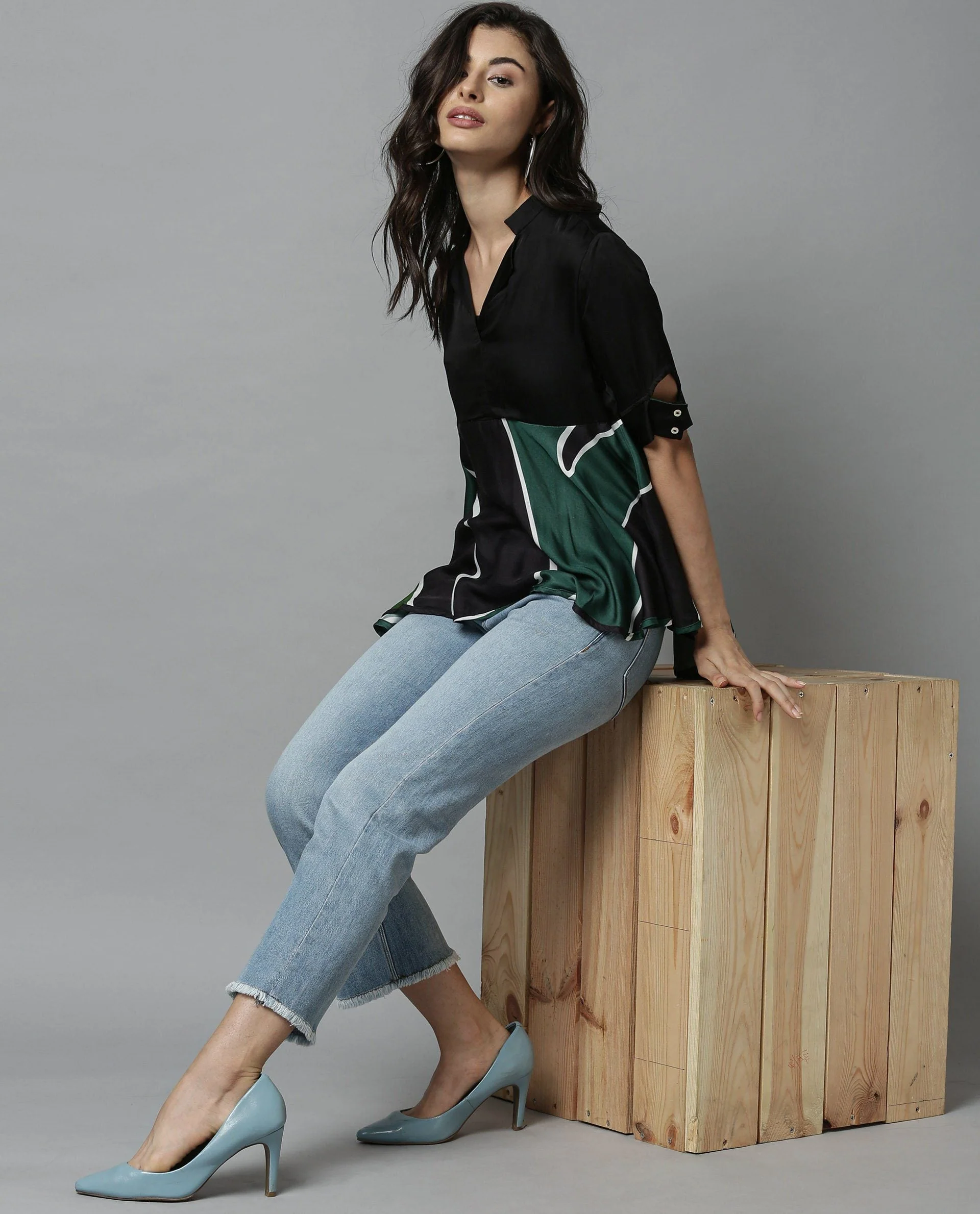 Rareism Womens Havana Green Top Modal Fabric Regular Fit Half Sleeve V Neck - Image 3