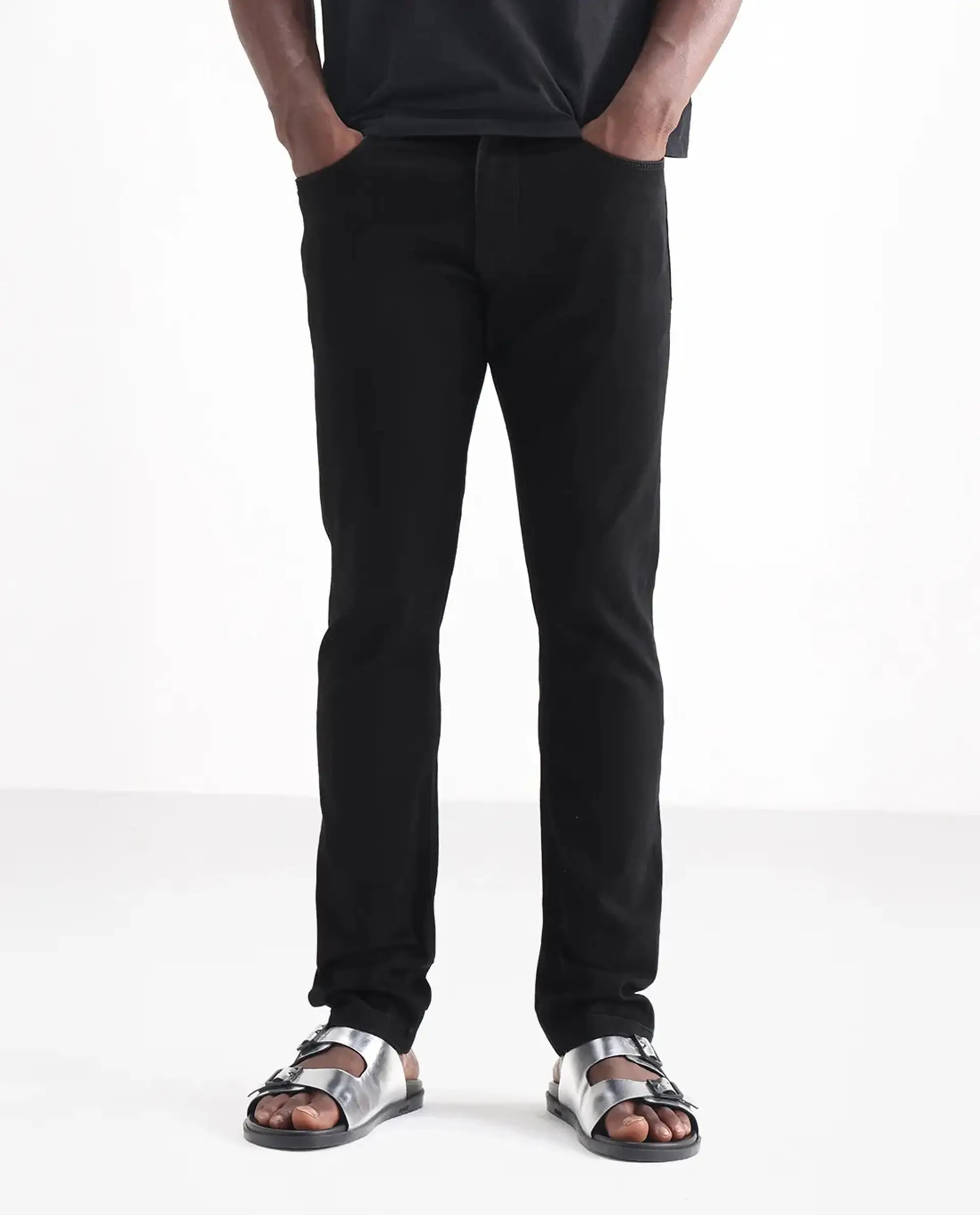 Rare Rabbit Men's Hawkins Black Cotton Plain Hawk Slim Fit Jeans - Image 10