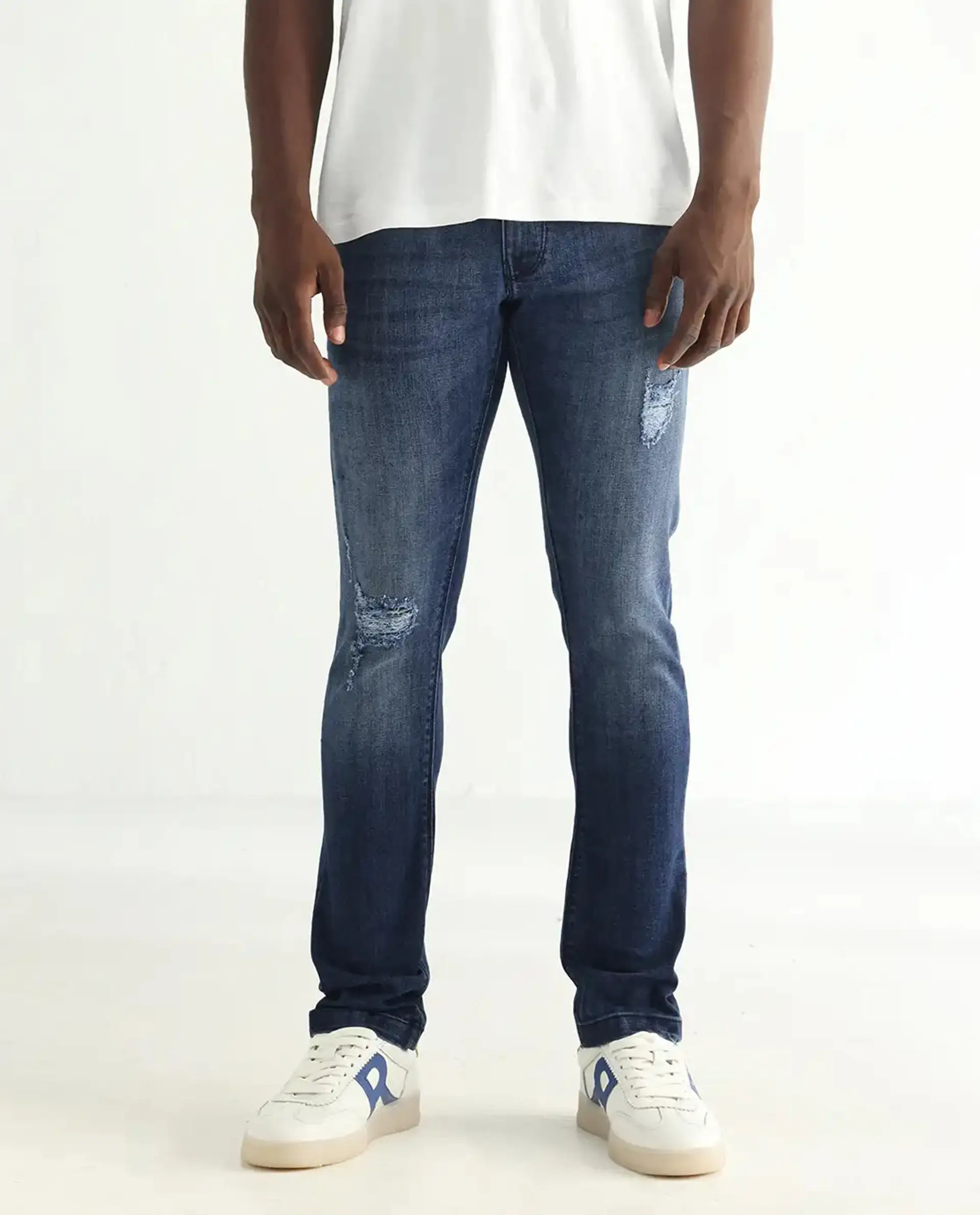 Rare Rabbit Men's Hawkins Dark Blue Cotton Plain Hawk Slim Fit Jeans - Image 10