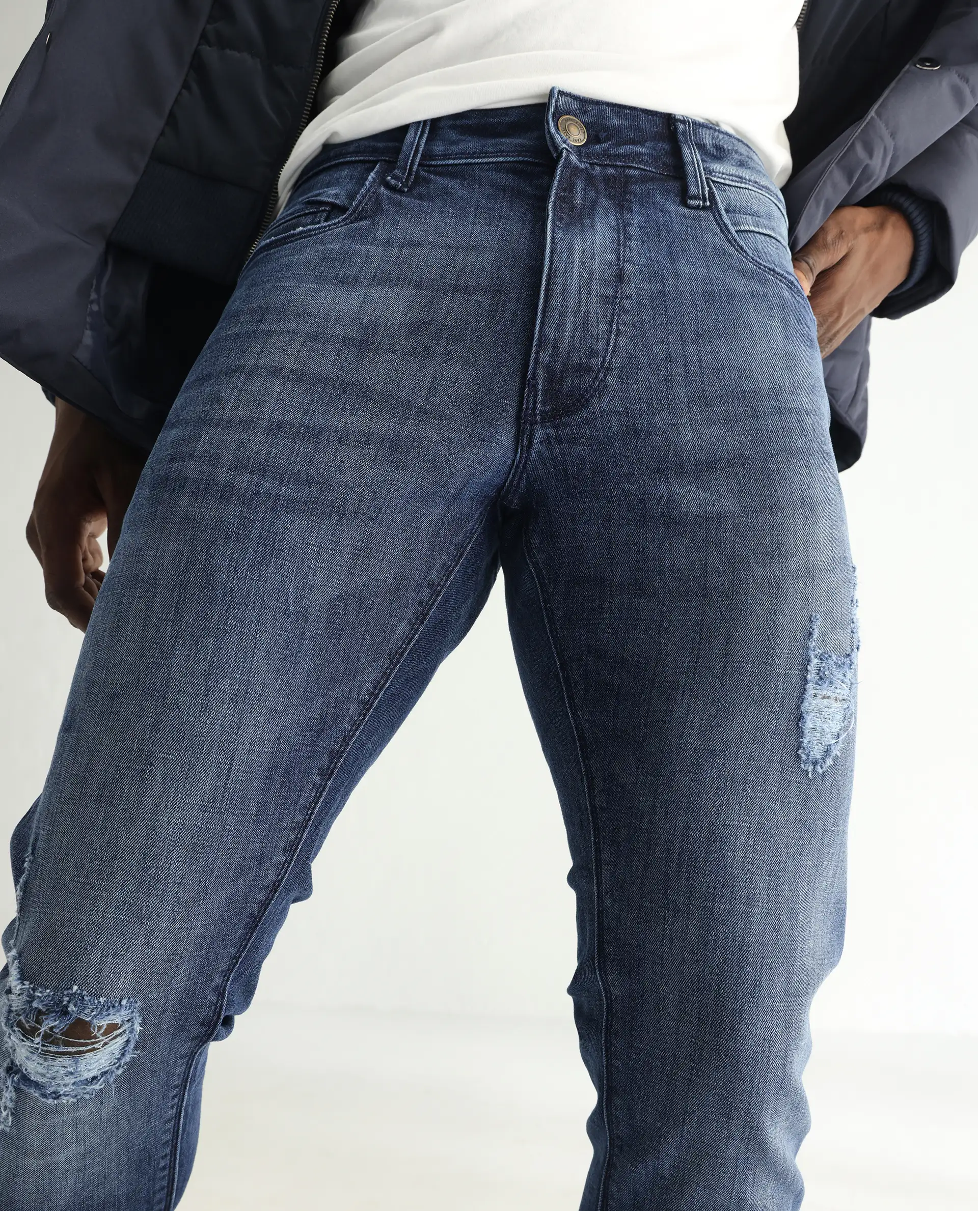 Rare Rabbit Men's Hawkins Dark Blue Cotton Plain Hawk Slim Fit Jeans - Image 2