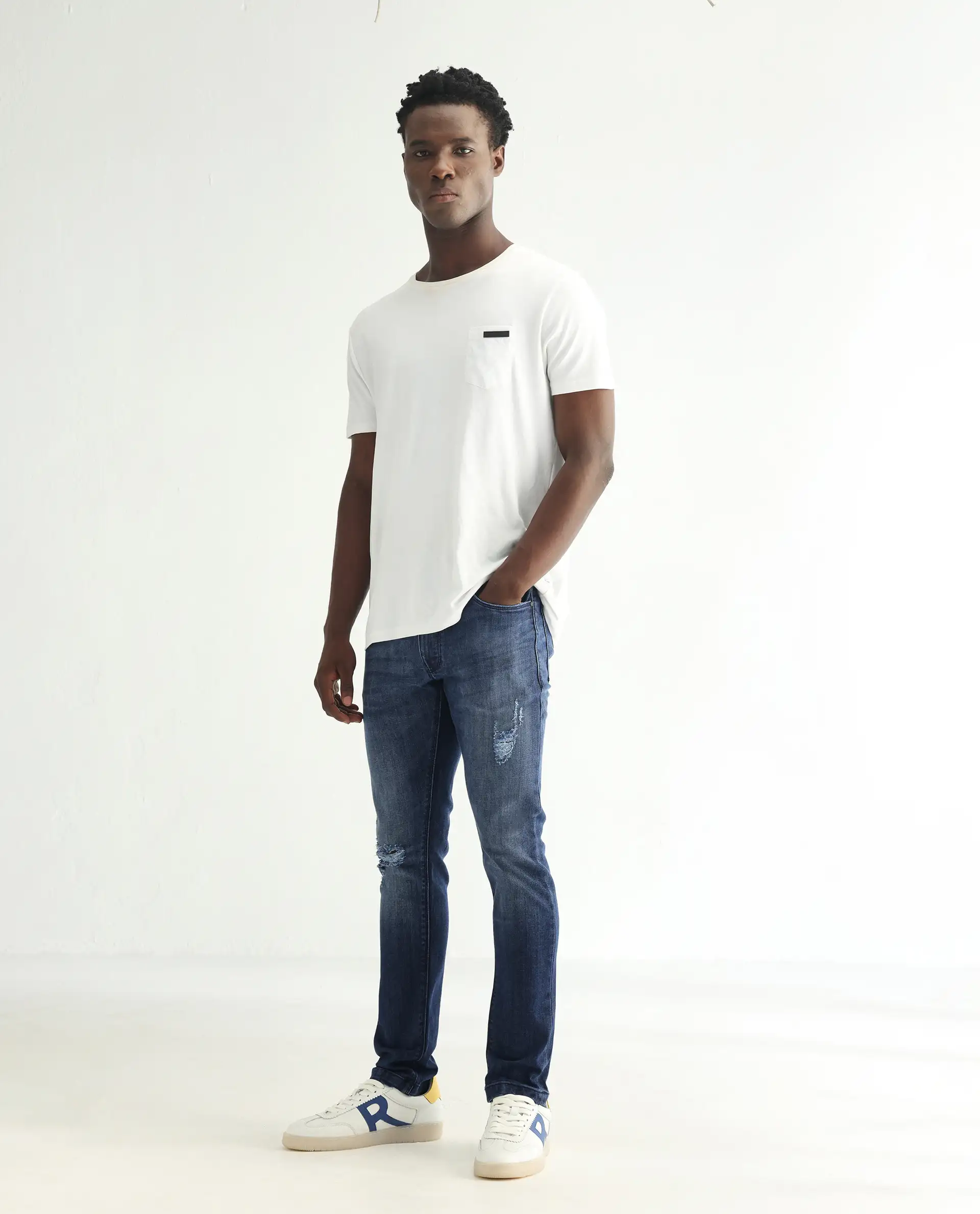Rare Rabbit Men's Hawkins Dark Blue Cotton Plain Hawk Slim Fit Jeans - Image 6