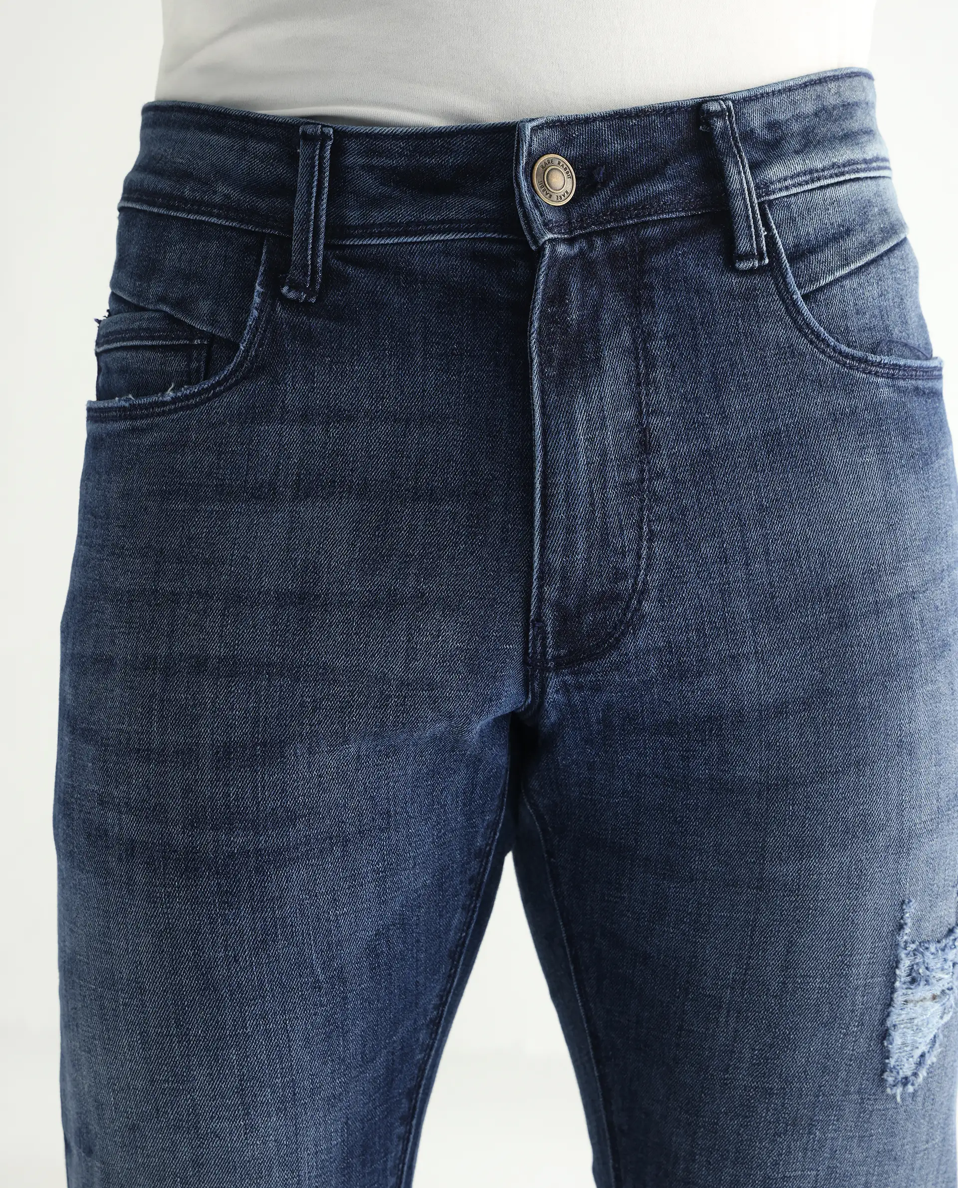 Rare Rabbit Men's Hawkins Dark Blue Cotton Plain Hawk Slim Fit Jeans - Image 7
