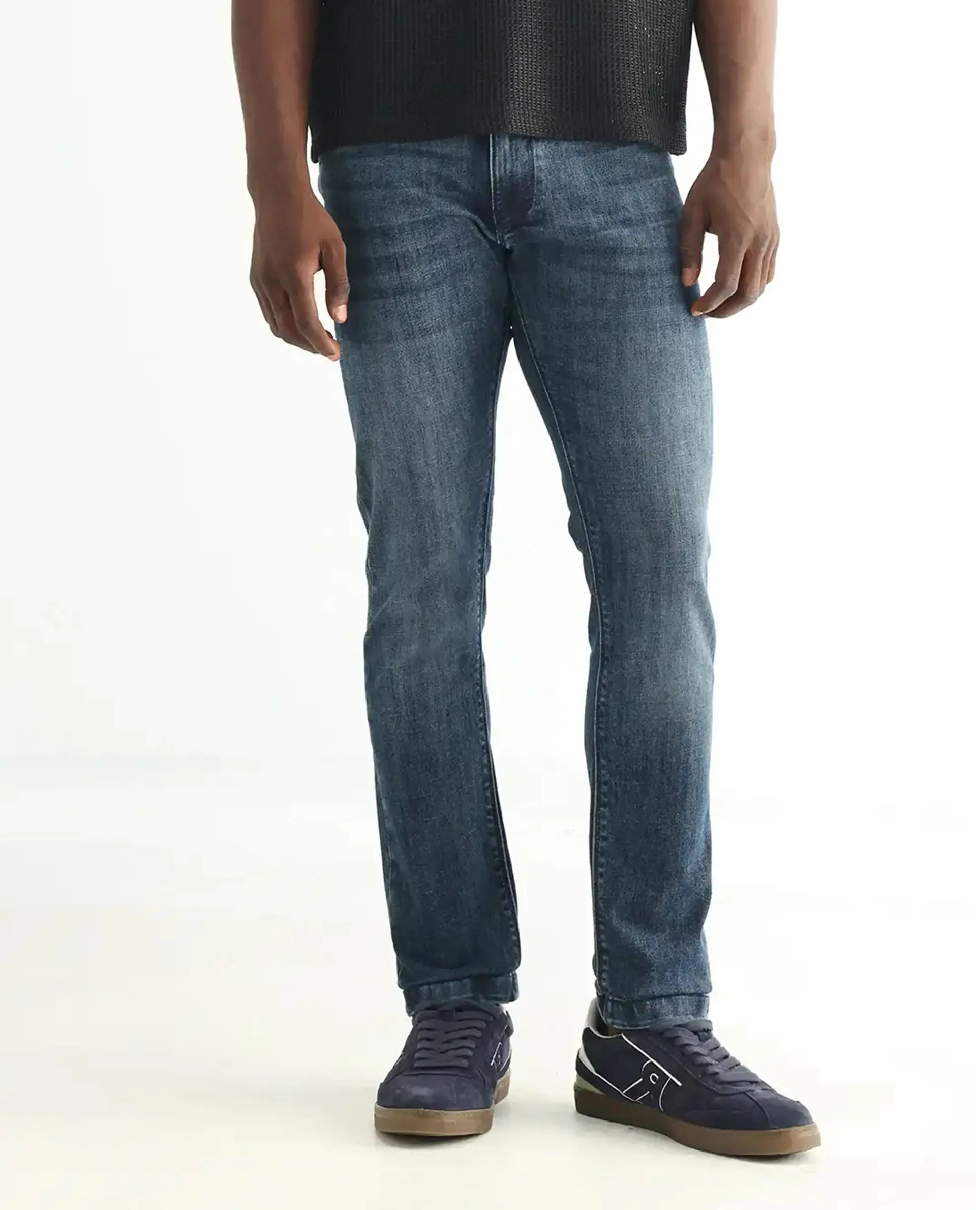 Rare Rabbit Men's Hawkins Dusky Blue Cotton Plain Hawk Slim Fit Jeans - Image 10