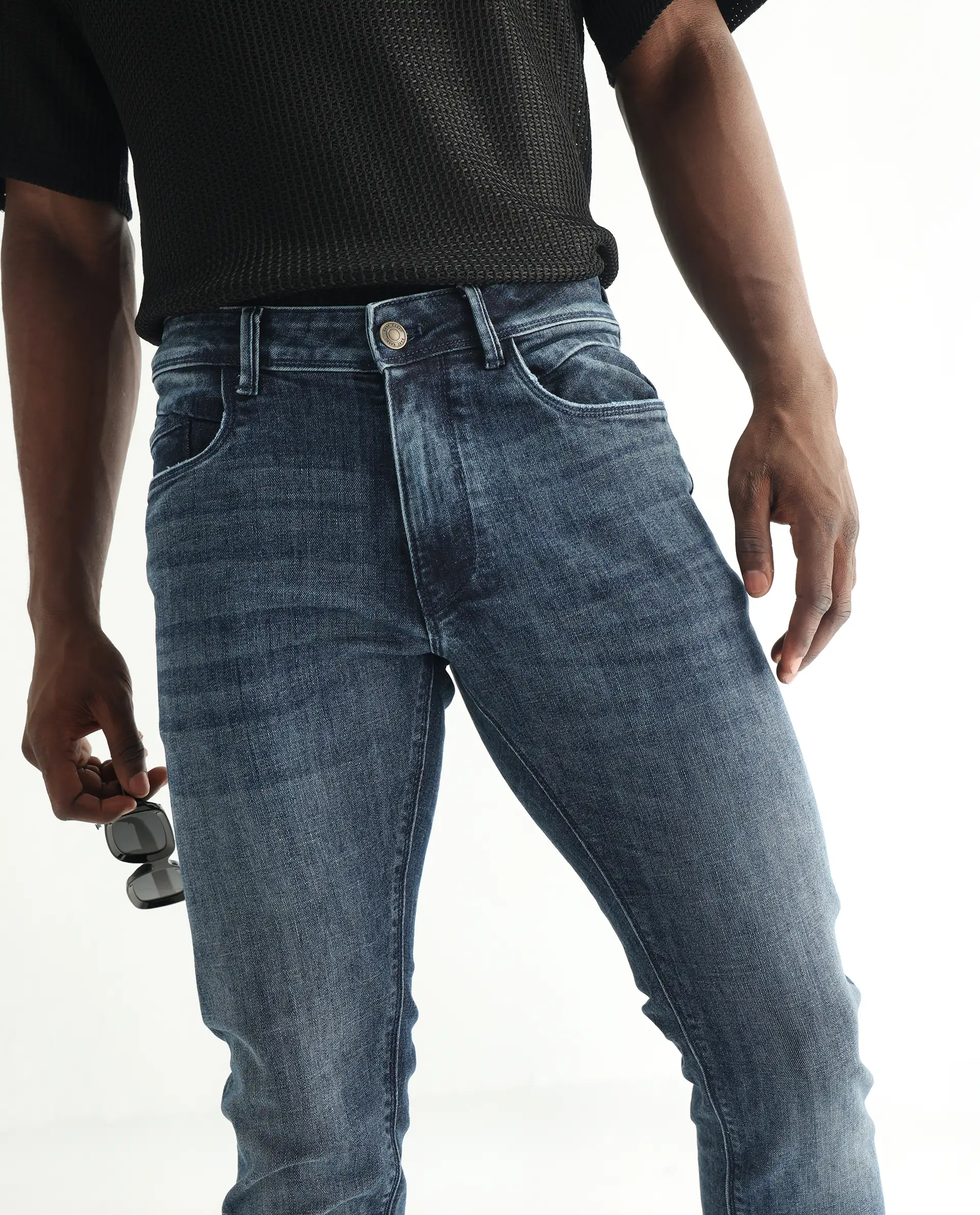 Rare Rabbit Men's Hawkins Dusky Blue Cotton Plain Hawk Slim Fit Jeans - Image 2