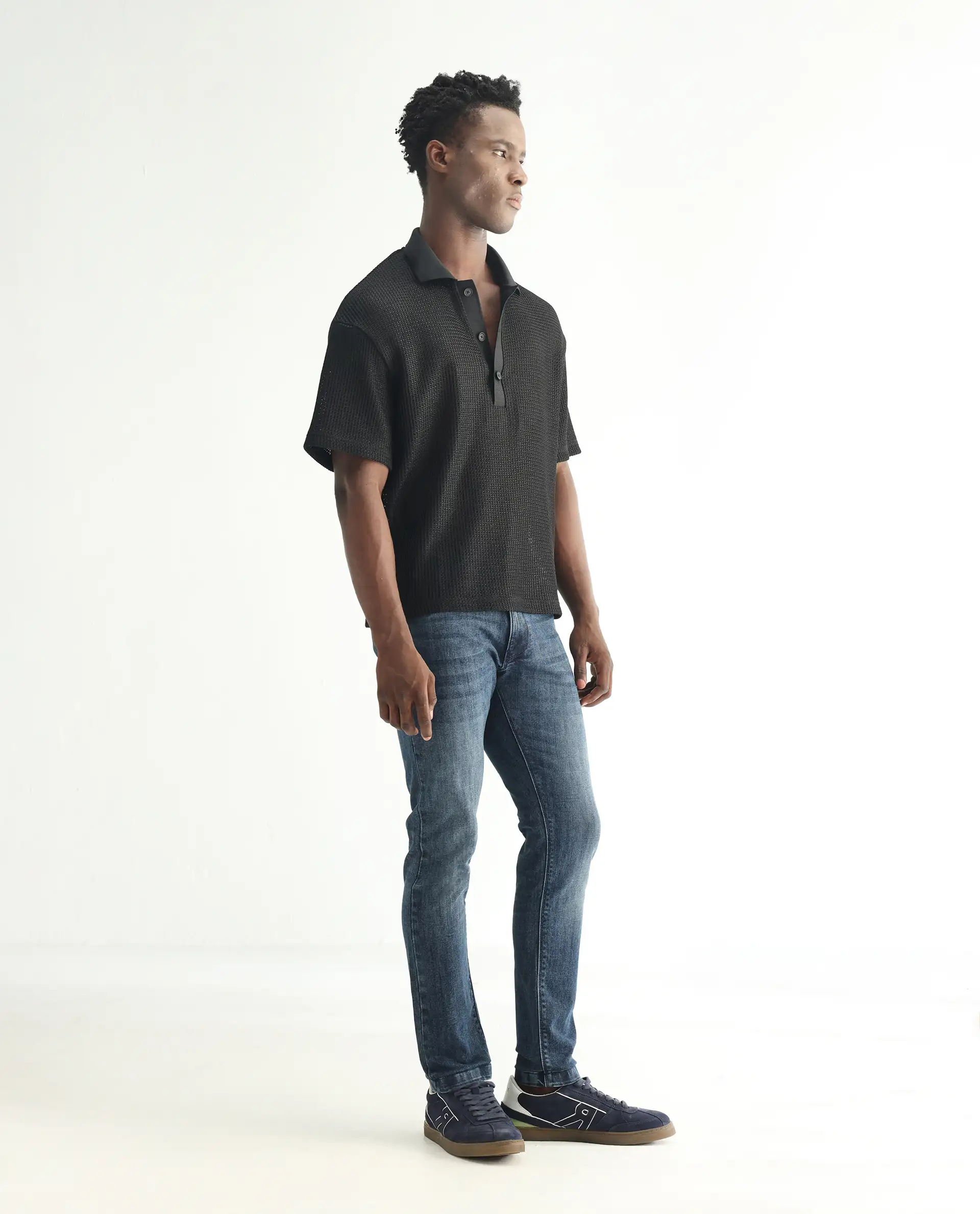 Rare Rabbit Men's Hawkins Dusky Blue Cotton Plain Hawk Slim Fit Jeans - Image 5