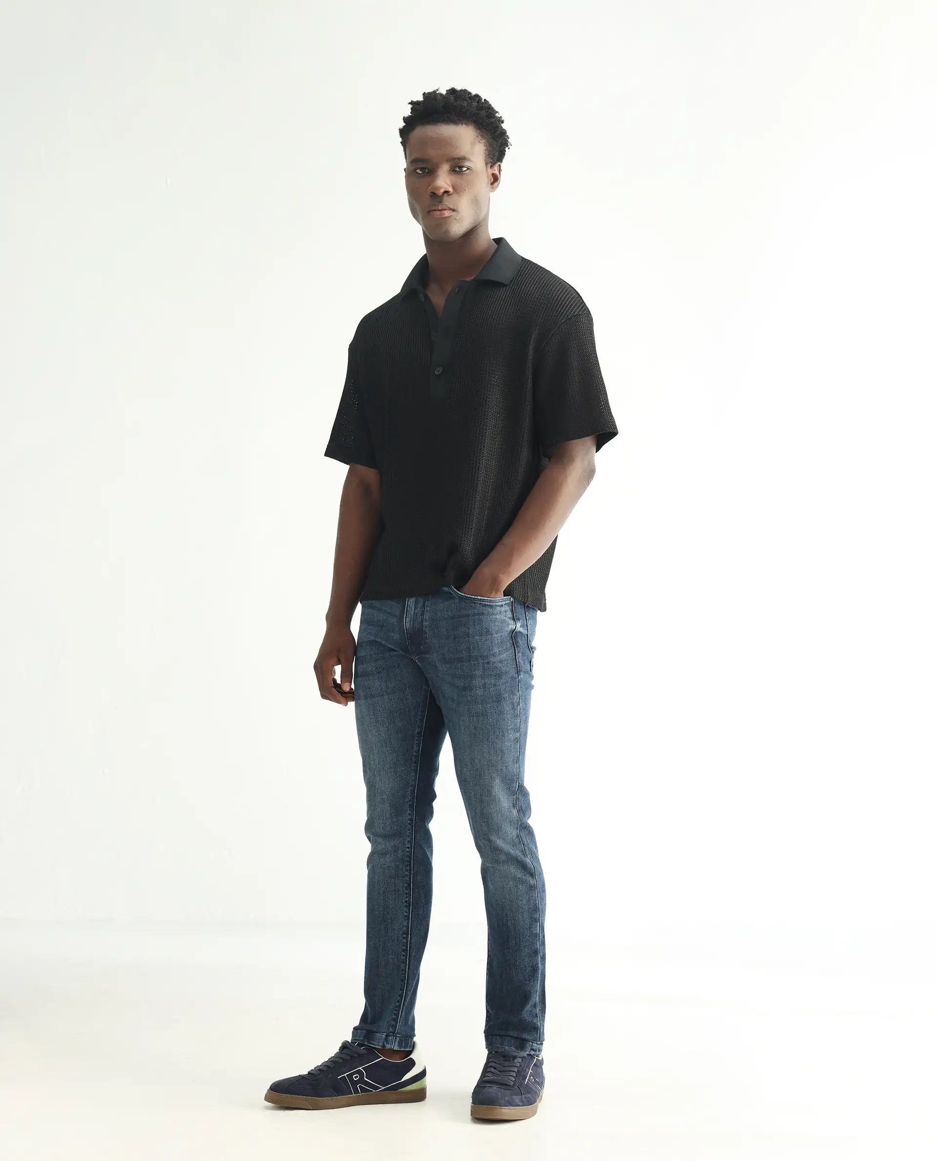 Rare Rabbit Men's Hawkins Dusky Blue Cotton Plain Hawk Slim Fit Jeans - Image 6