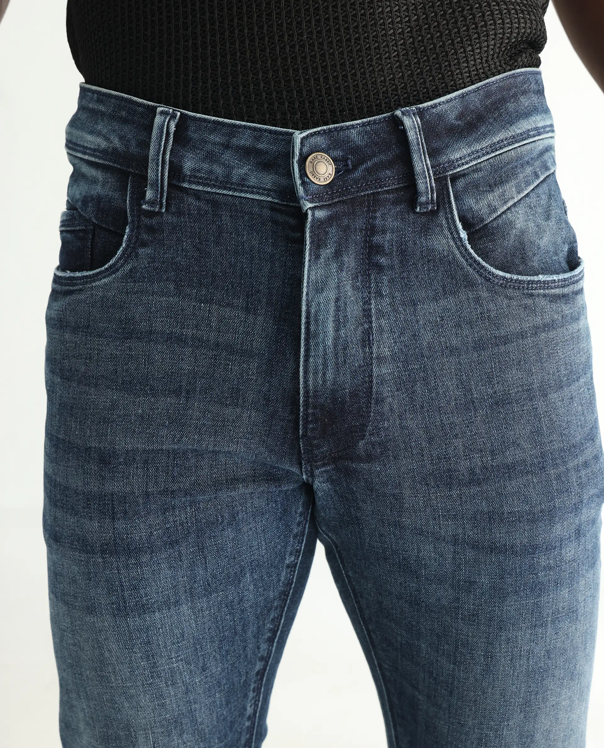 Rare Rabbit Men's Hawkins Dusky Blue Cotton Plain Hawk Slim Fit Jeans - Image 7