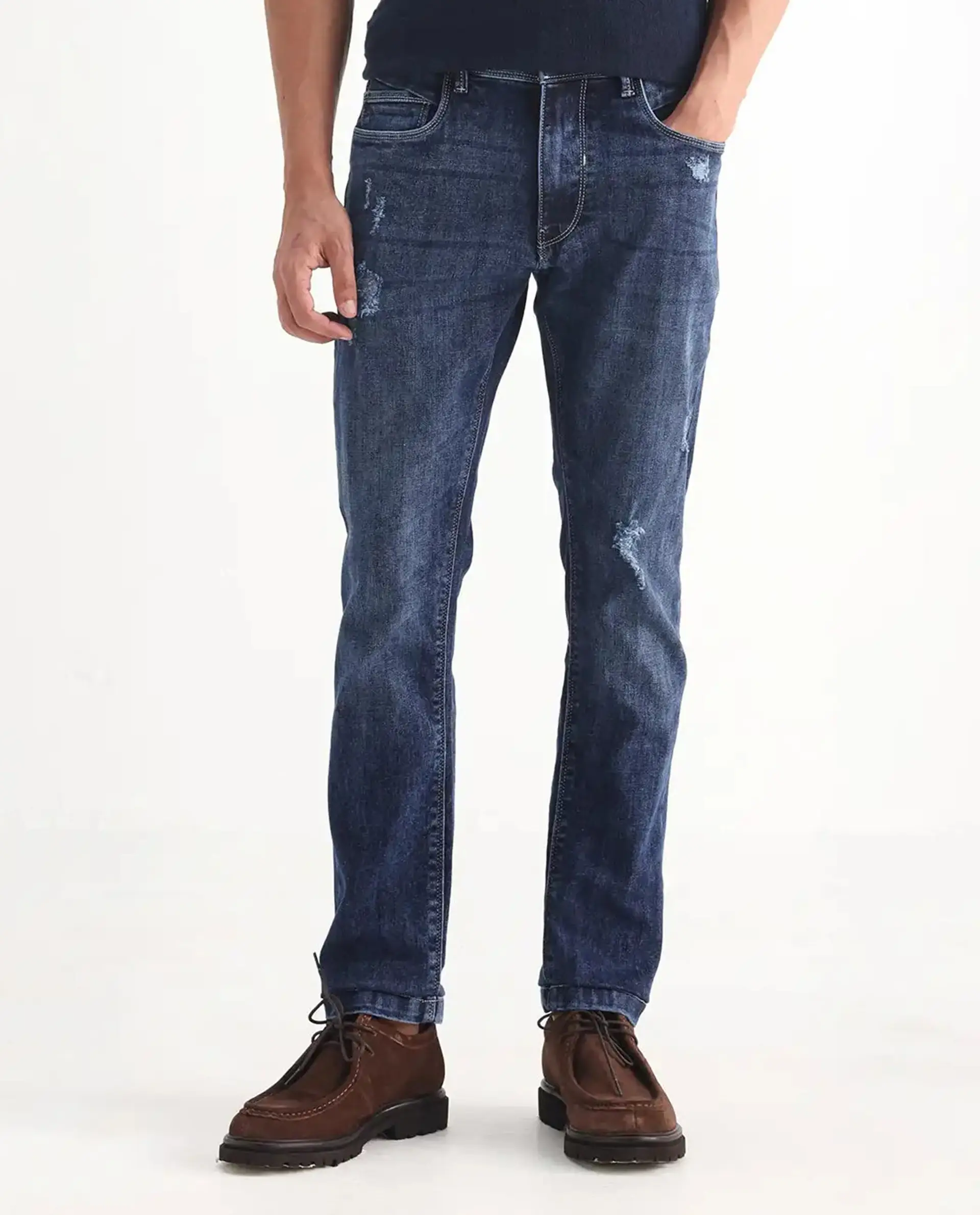 Rare Rabbit Men's Hawkins Light Blue Cotton Plain Hawk Slim Fit Jeans - Image 10