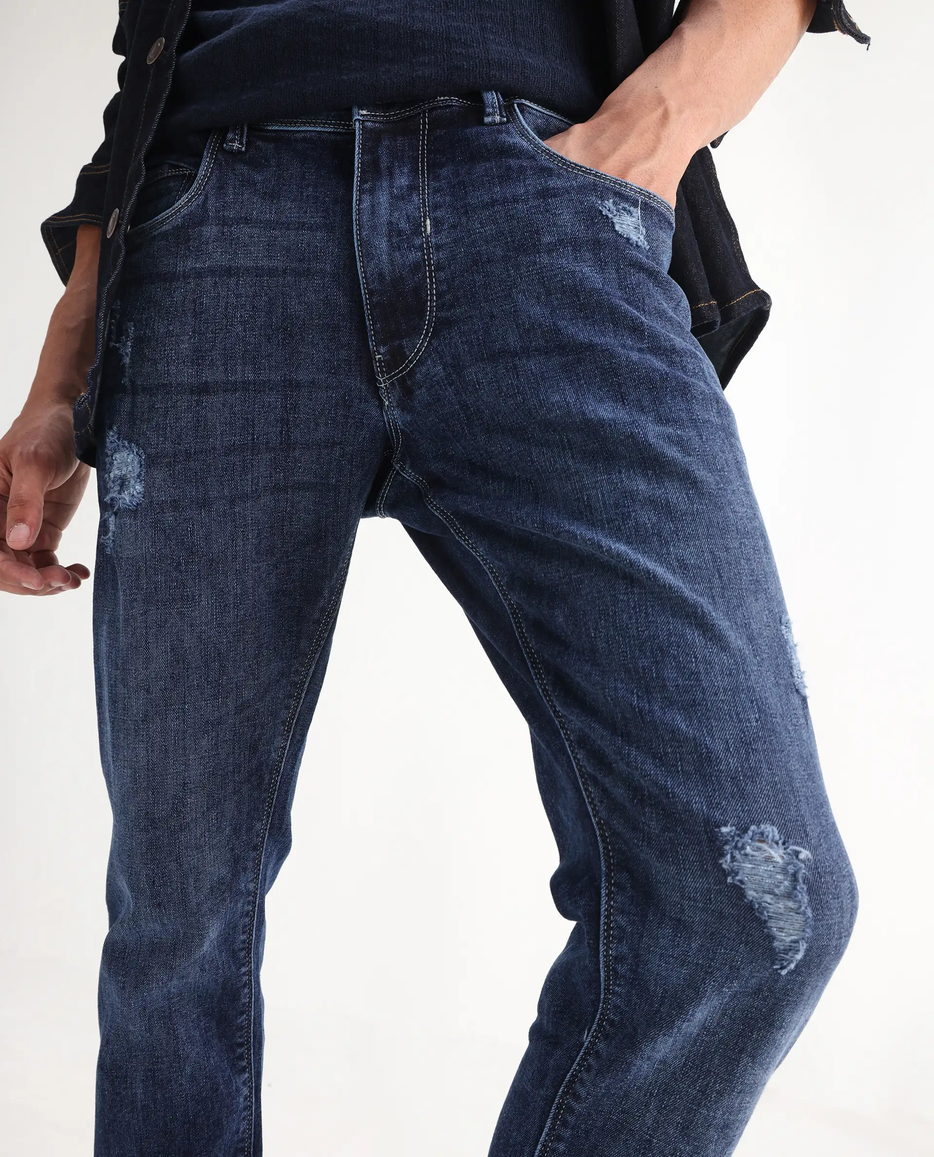 Rare Rabbit Men's Hawkins Light Blue Cotton Plain Hawk Slim Fit Jeans - Image 2