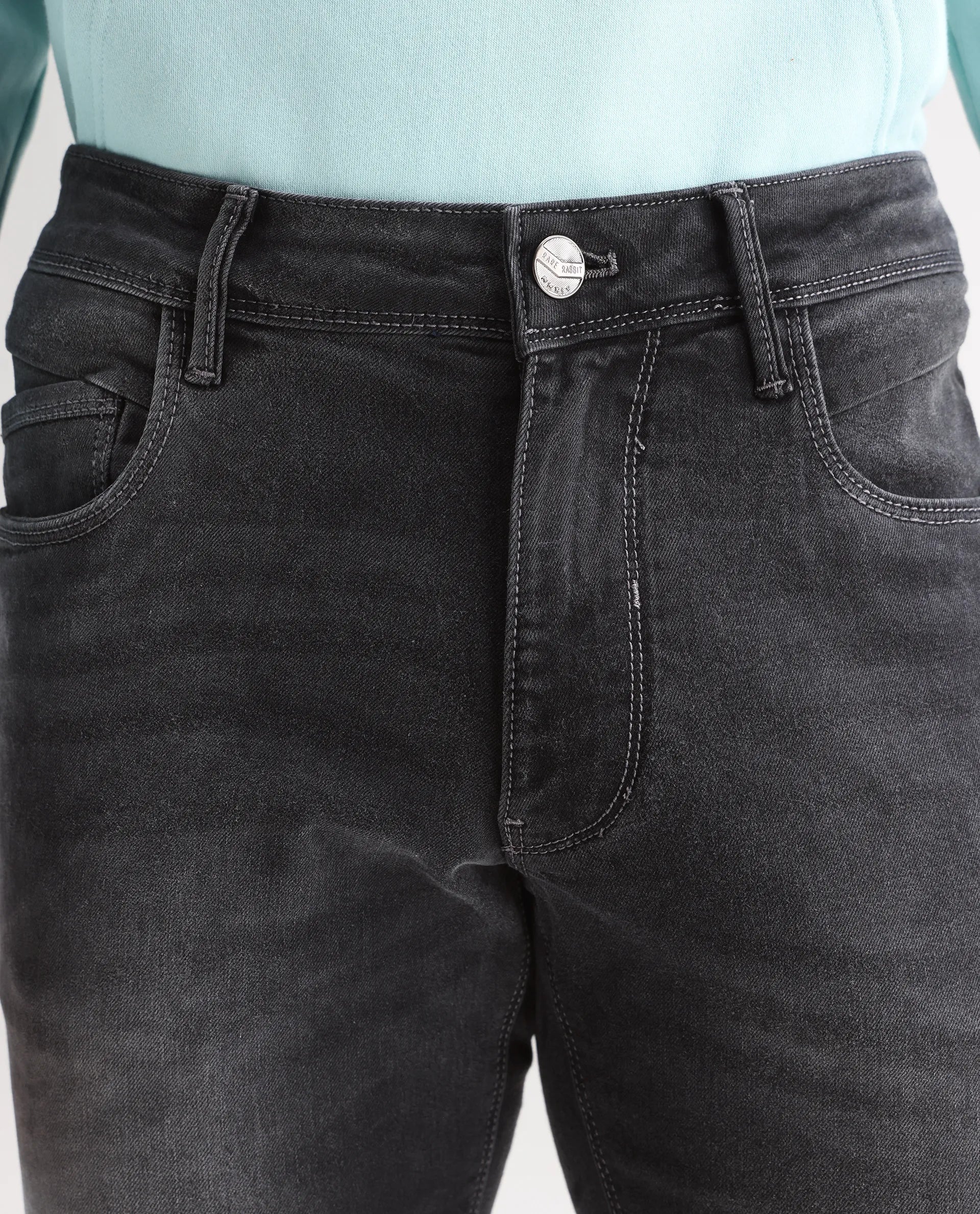 Rare Rabbit Men's Hawkins Light Grey Cotton Plain Hawk Slim Fit Jeans - Image 5