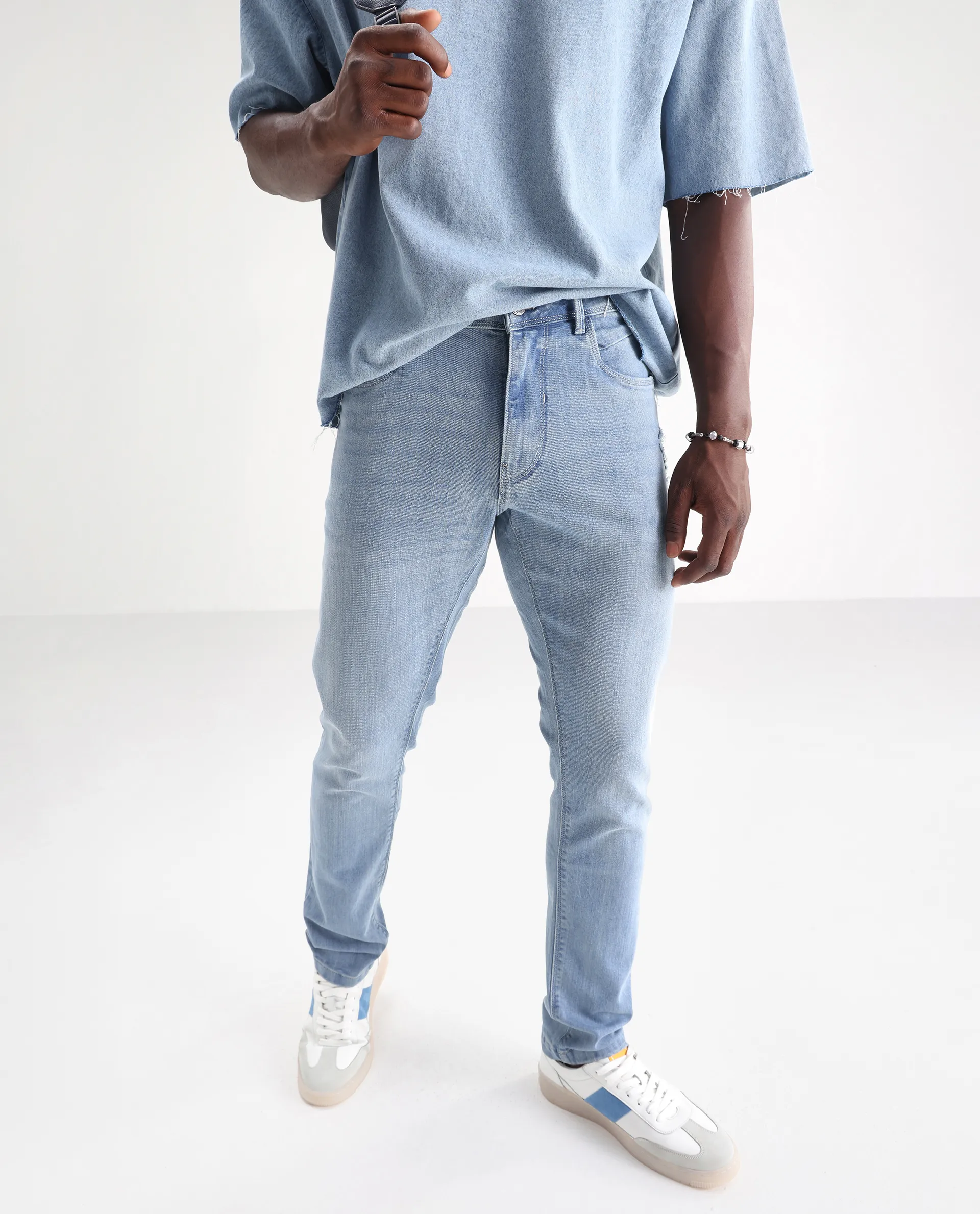 Rare Rabbit Men's Hawkins Pastel Blue Cotton Plain Hawk Slim Fit Jeans - Image 2