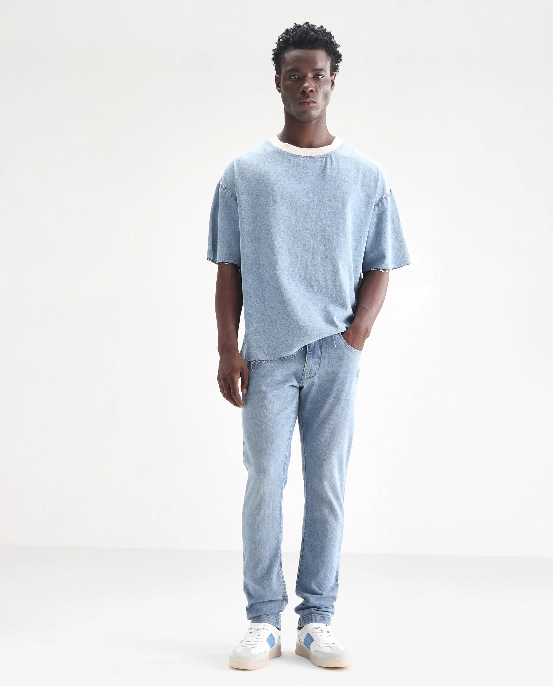 Rare Rabbit Men's Hawkins Pastel Blue Cotton Plain Hawk Slim Fit Jeans - Image 3