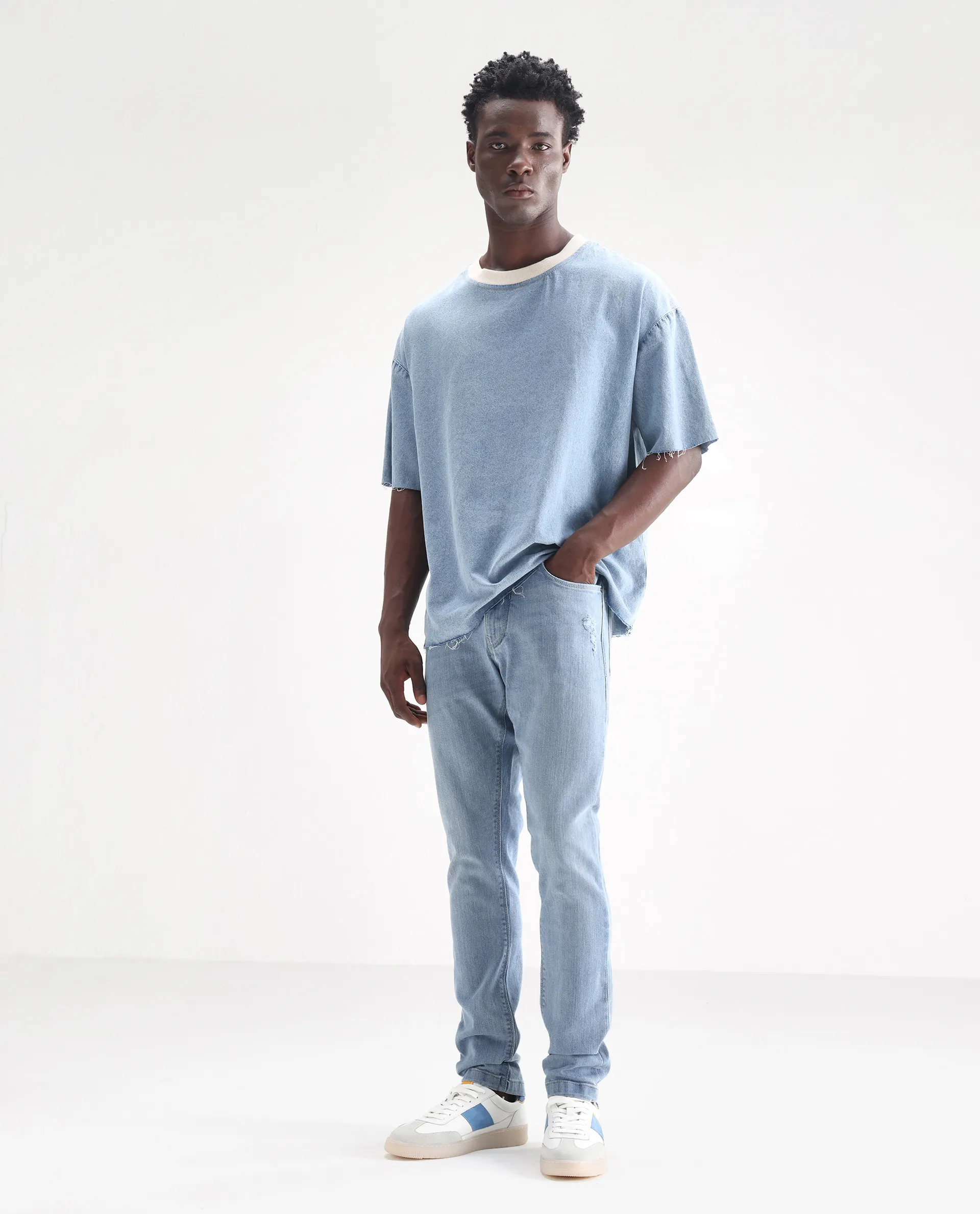 Rare Rabbit Men's Hawkins Pastel Blue Cotton Plain Hawk Slim Fit Jeans - Image 4