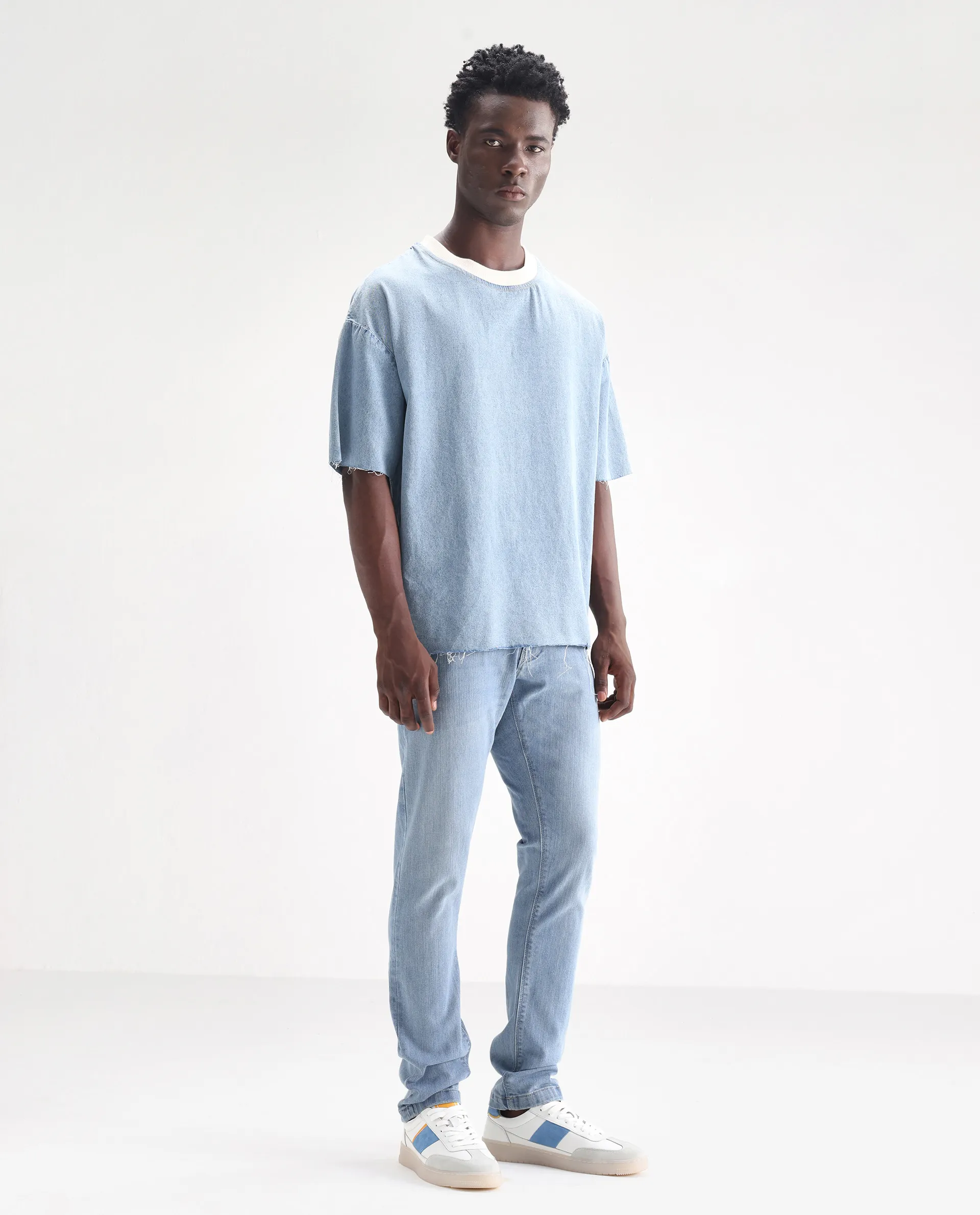 Rare Rabbit Men's Hawkins Pastel Blue Cotton Plain Hawk Slim Fit Jeans - Image 5
