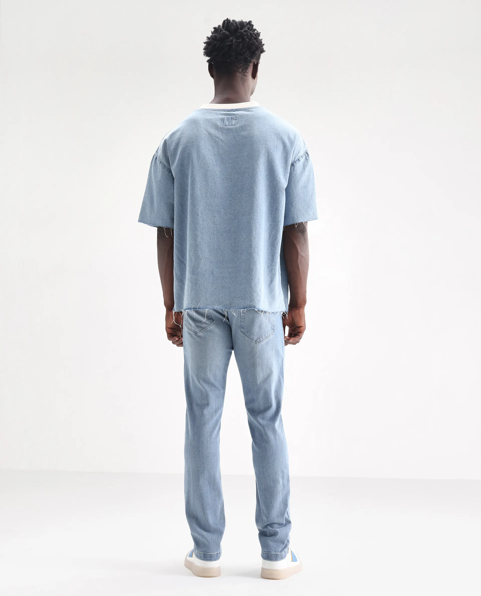 Rare Rabbit Men's Hawkins Pastel Blue Cotton Plain Hawk Slim Fit Jeans - Image 6