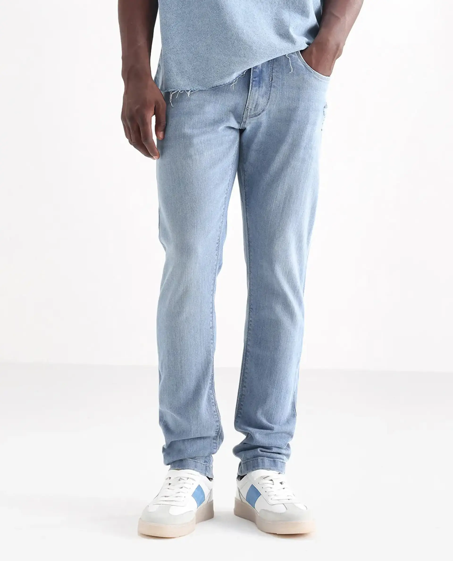Rare Rabbit Men's Hawkins Pastel Blue Cotton Plain Hawk Slim Fit Jeans - Image 7