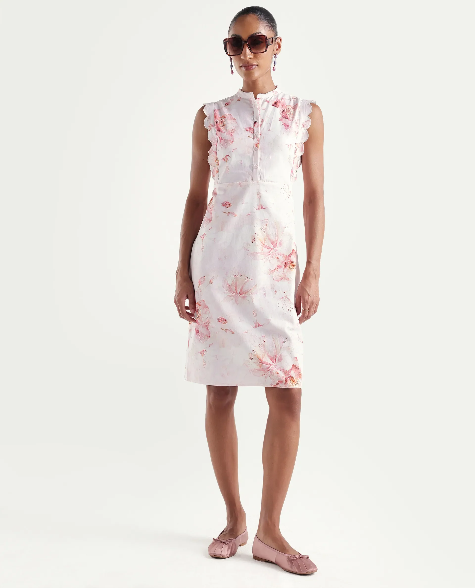 Rareism Women's Hawn Light Pink Cotton Band Collar Regular Floral Print Dress - Image 2