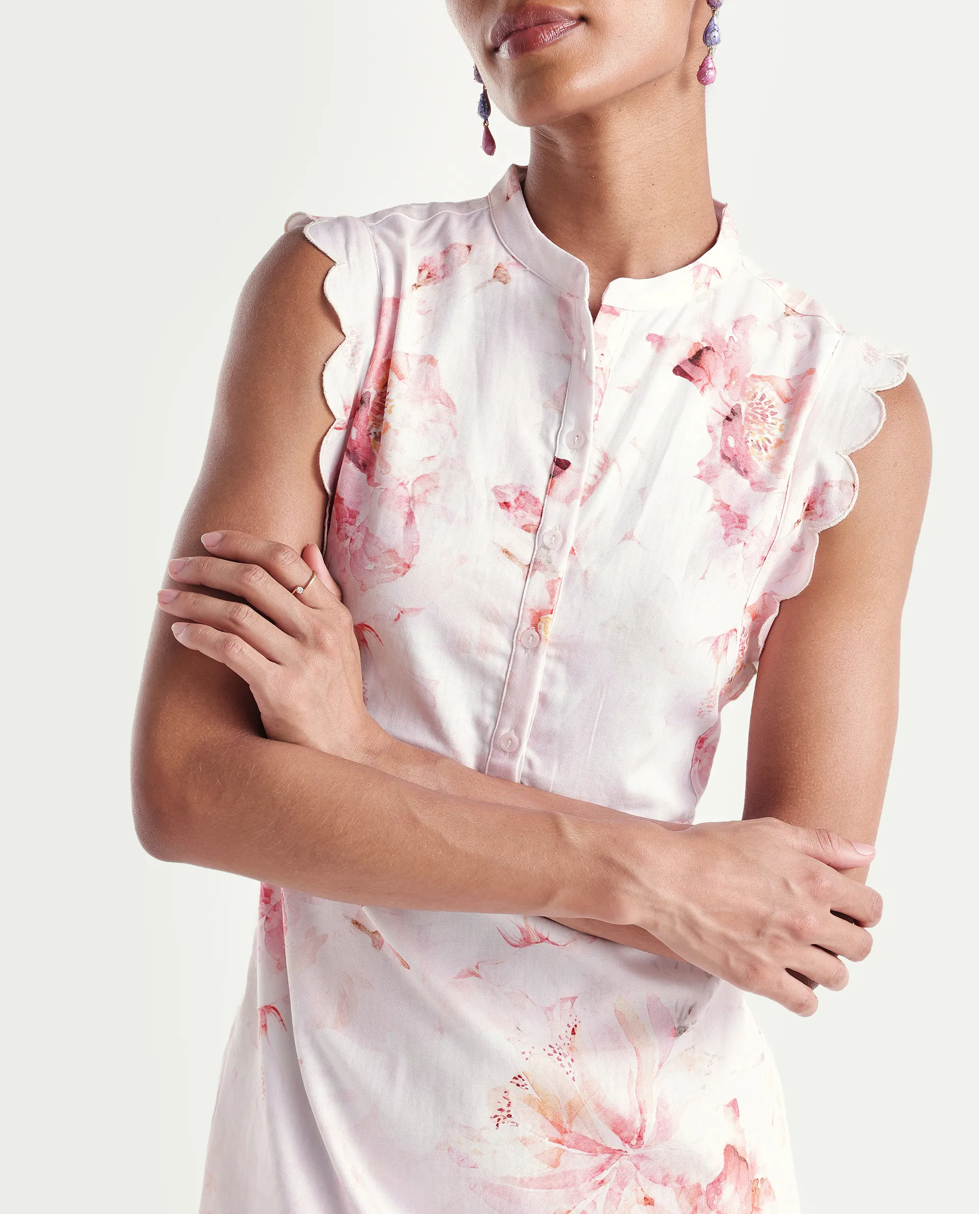 Rareism Women's Hawn Light Pink Cotton Band Collar Regular Floral Print Dress - Image 3