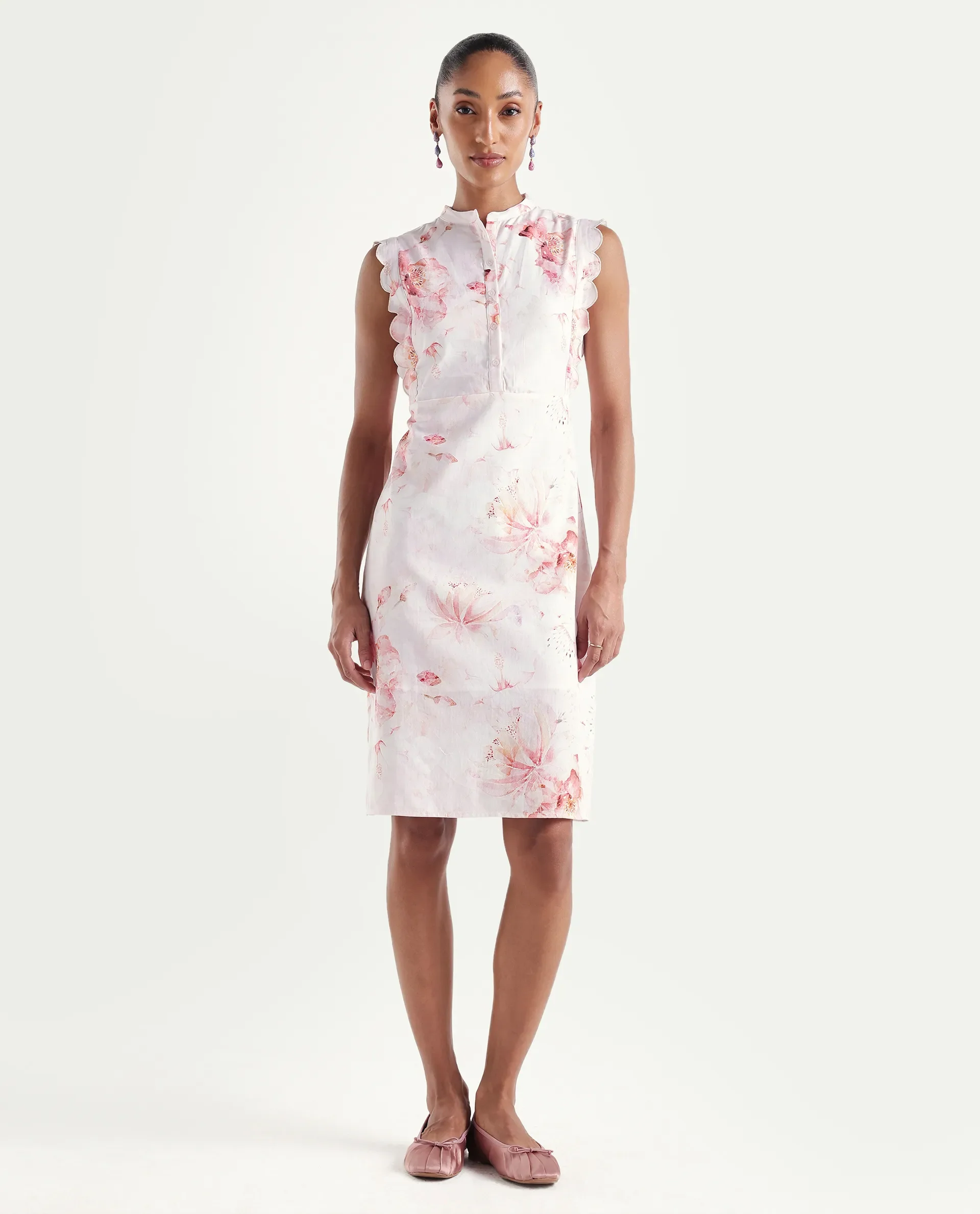Rareism Women's Hawn Light Pink Cotton Band Collar Regular Floral Print Dress - Image 4