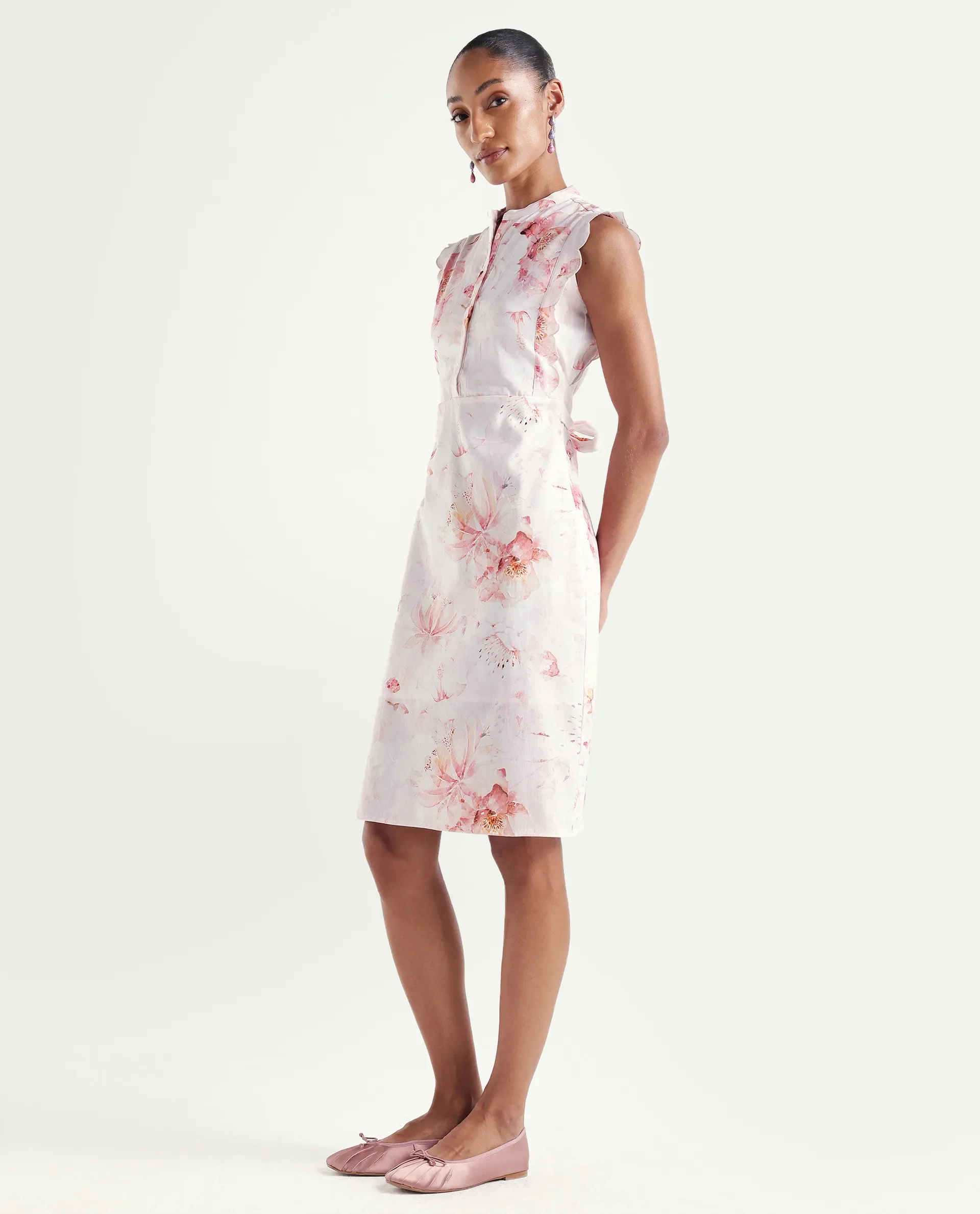 Rareism Women's Hawn Light Pink Cotton Band Collar Regular Floral Print Dress - Image 5