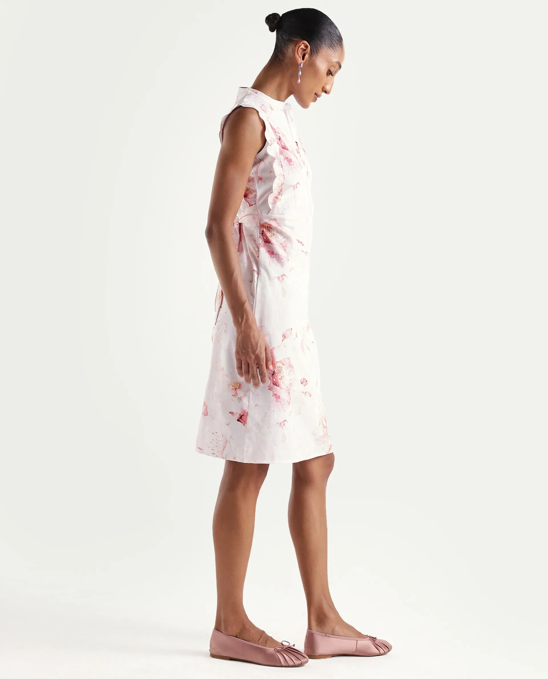 Rareism Women's Hawn Light Pink Cotton Band Collar Regular Floral Print Dress - Image 6