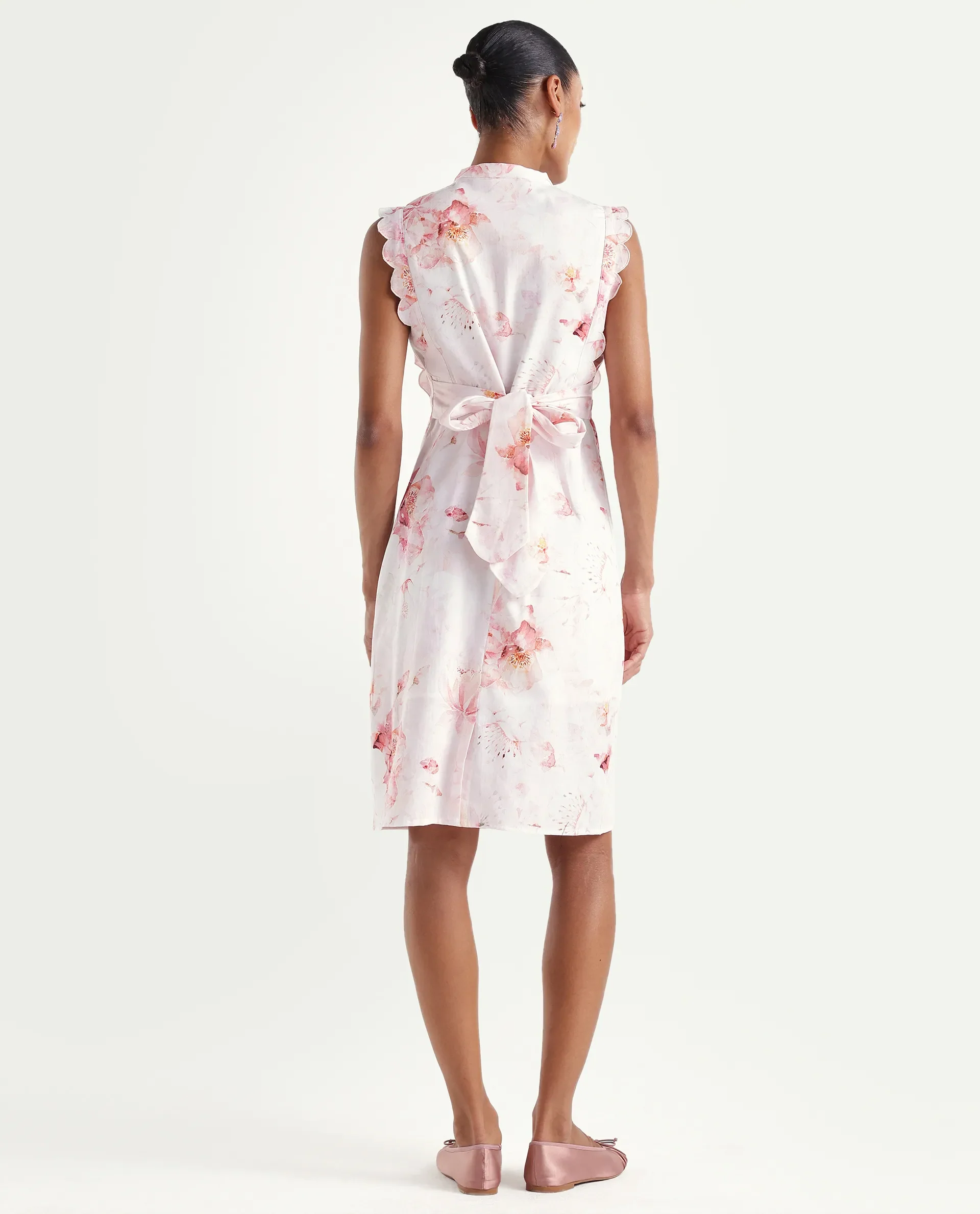 Rareism Women's Hawn Light Pink Cotton Band Collar Regular Floral Print Dress - Image 7