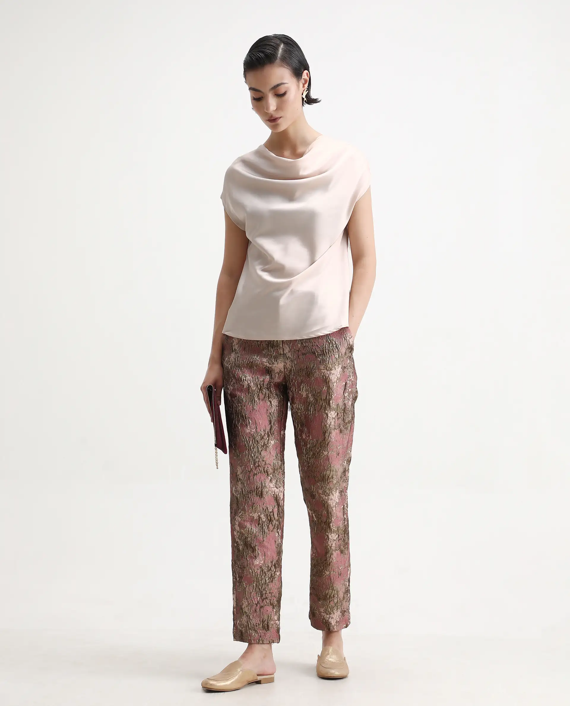 Rareism Women's Hawter Beige Polyester Cowl Neck Plain Cap Sleeve Regular Fit Top - Image 2