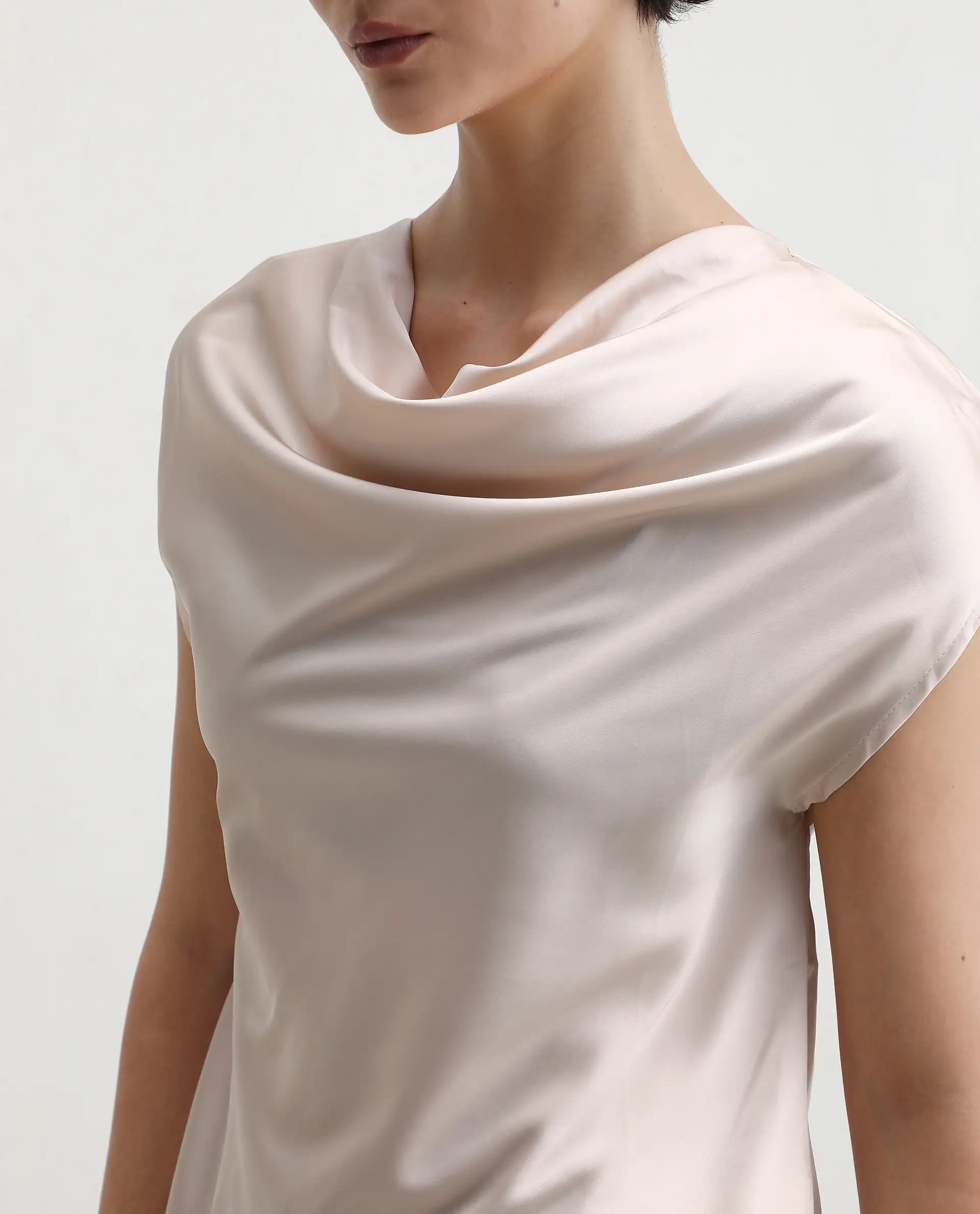 Rareism Women's Hawter Beige Polyester Cowl Neck Plain Cap Sleeve Regular Fit Top - Image 3